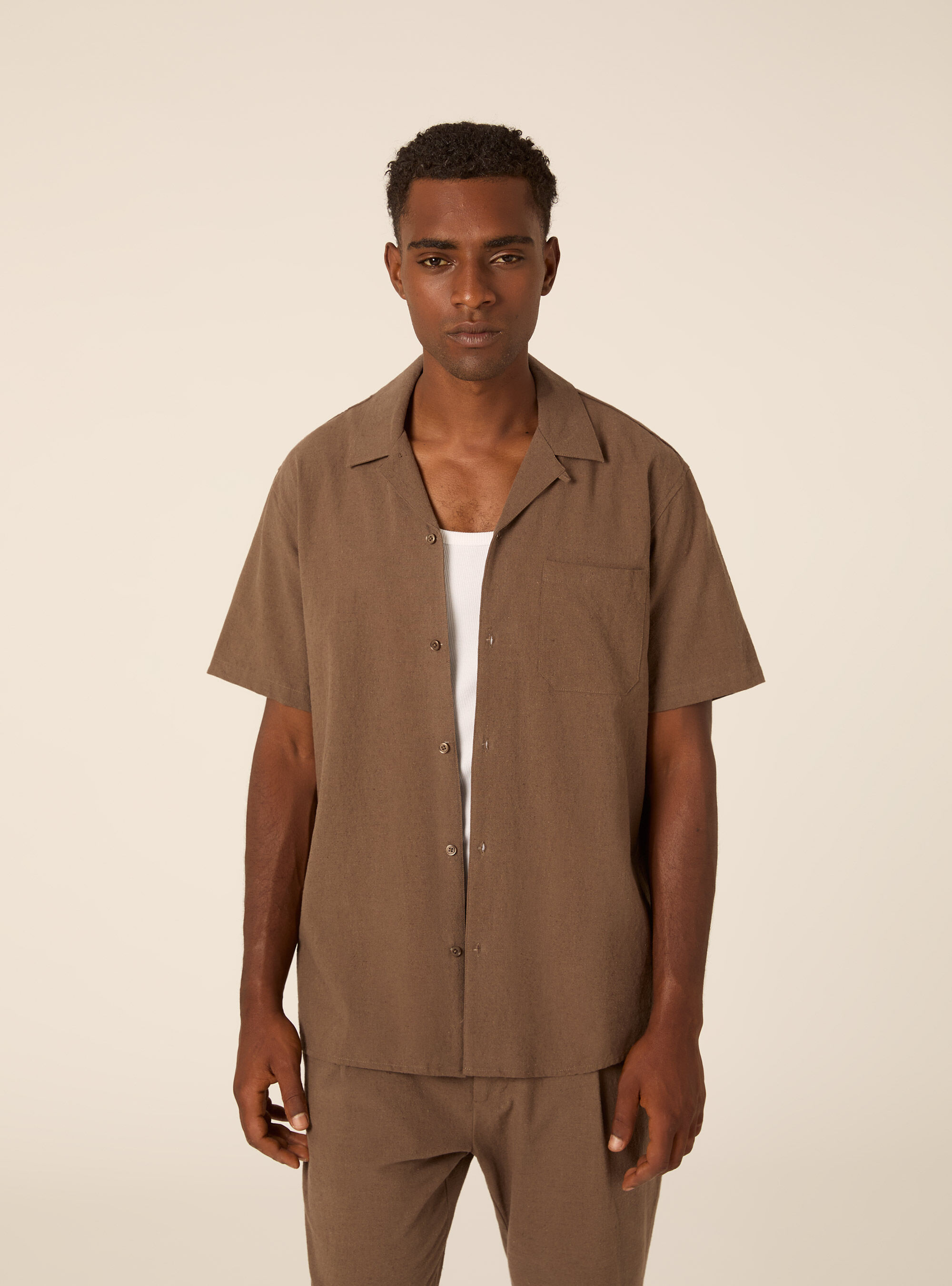 Camicia in misto lino, MBR2 BROWN MEL MED