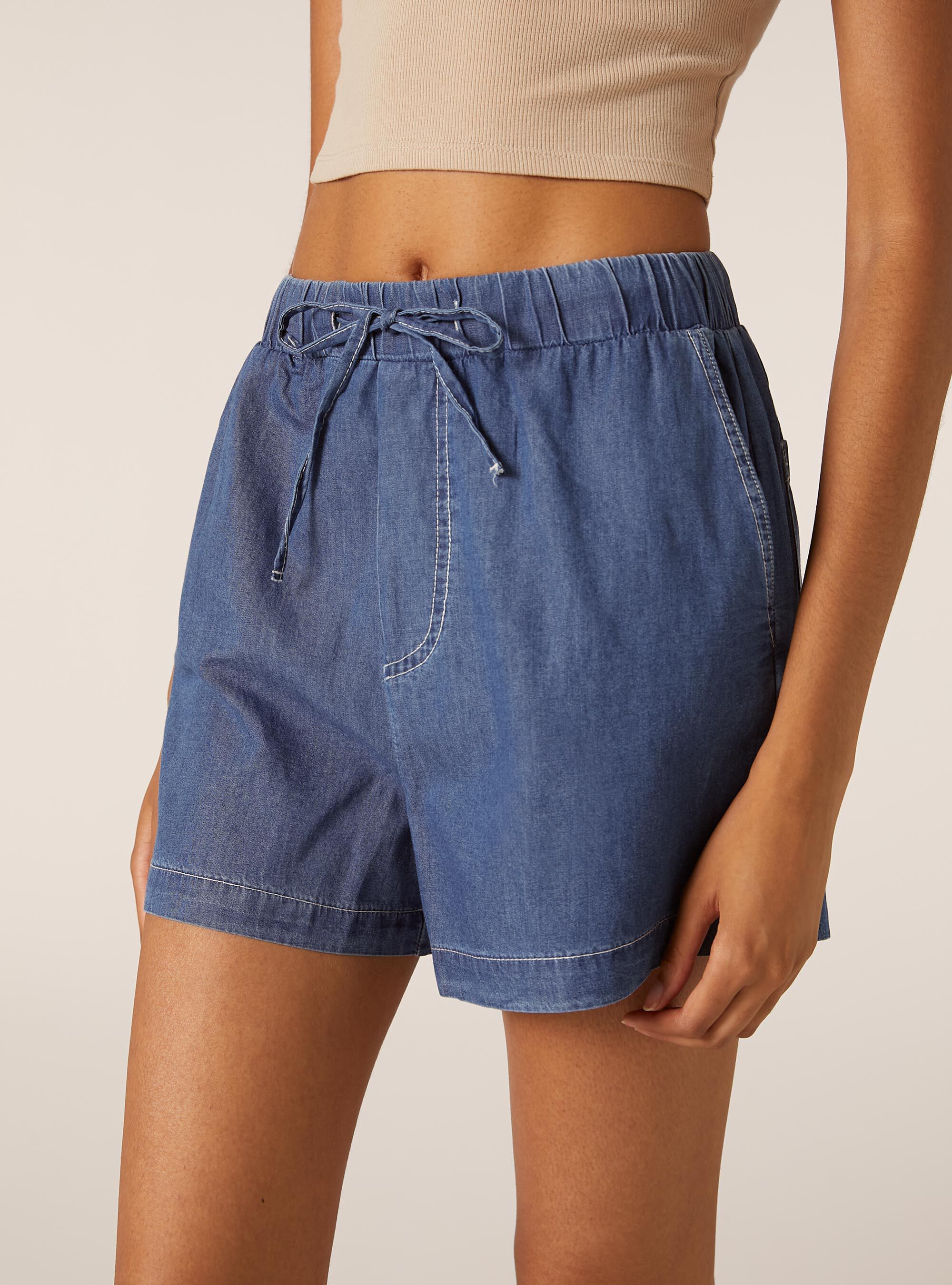 Short avec ceinture &eacute;lastiqu&eacute;e en chambray, D003 MEDIUM BLUE
