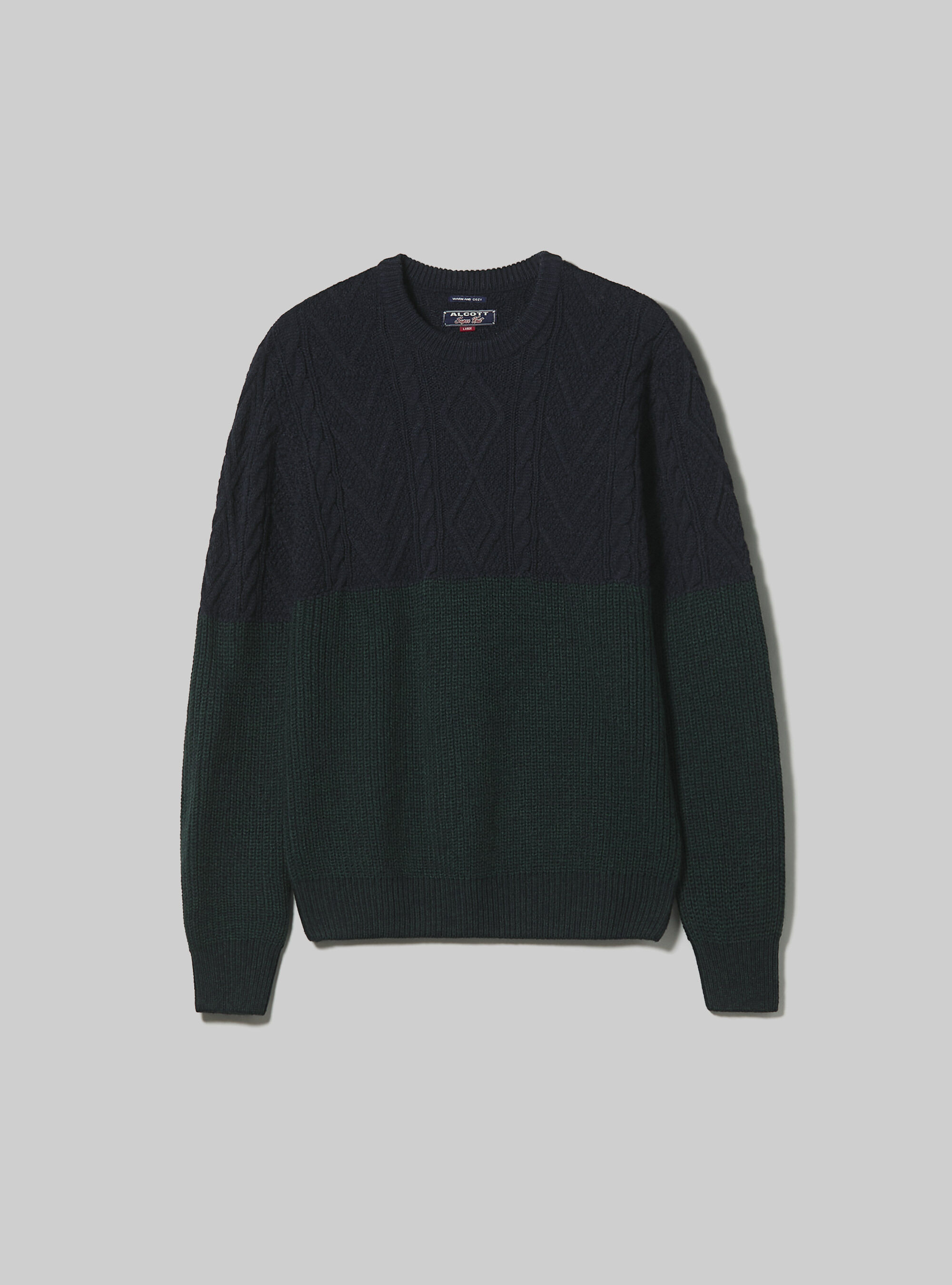 Pullover color block in misto lana con lavorazione a trecce, NA1 NAVY DARK