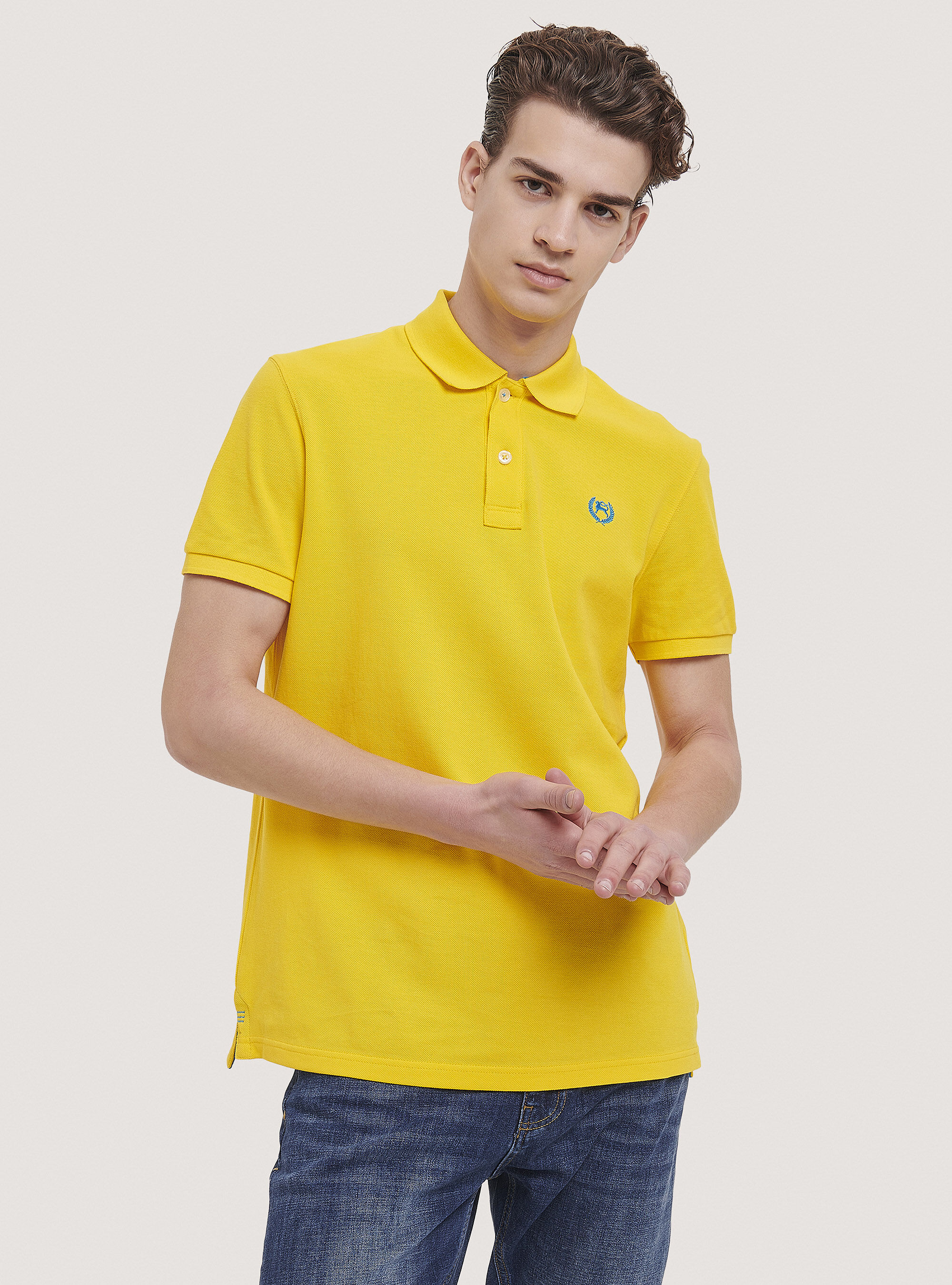 Cotton pique polo shirt with embroidery, C7704 YELLOW