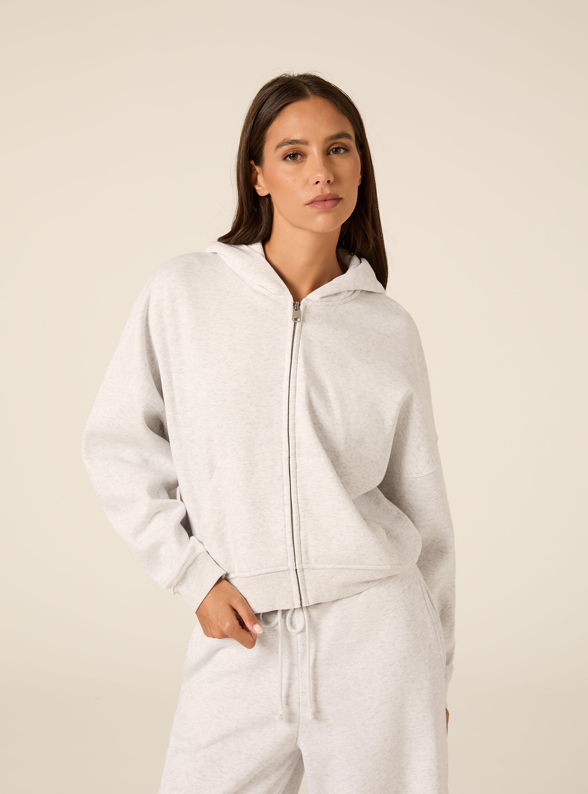 Cropped zip through hoodie with pockets, MGY3 GREY MEL LIGHT