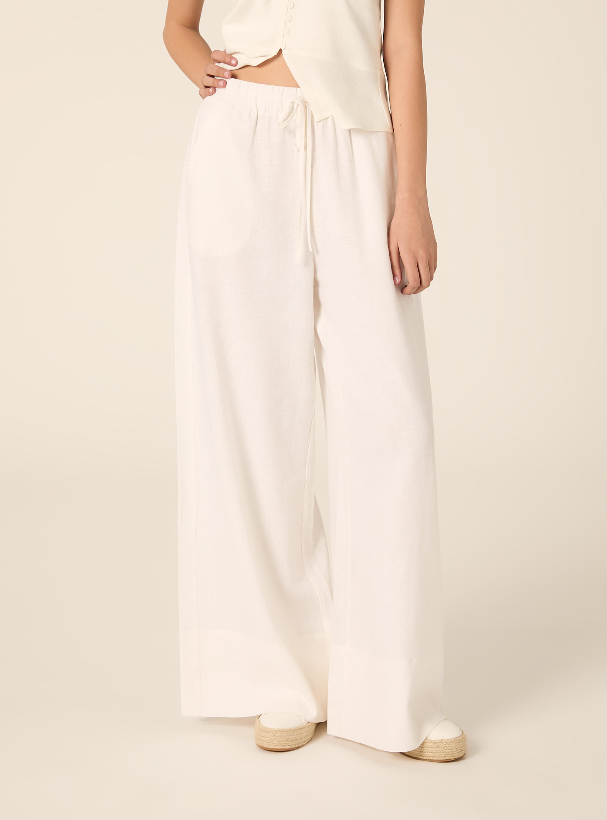 Pantaloni lunghi loose fit in misto lino, PANNA