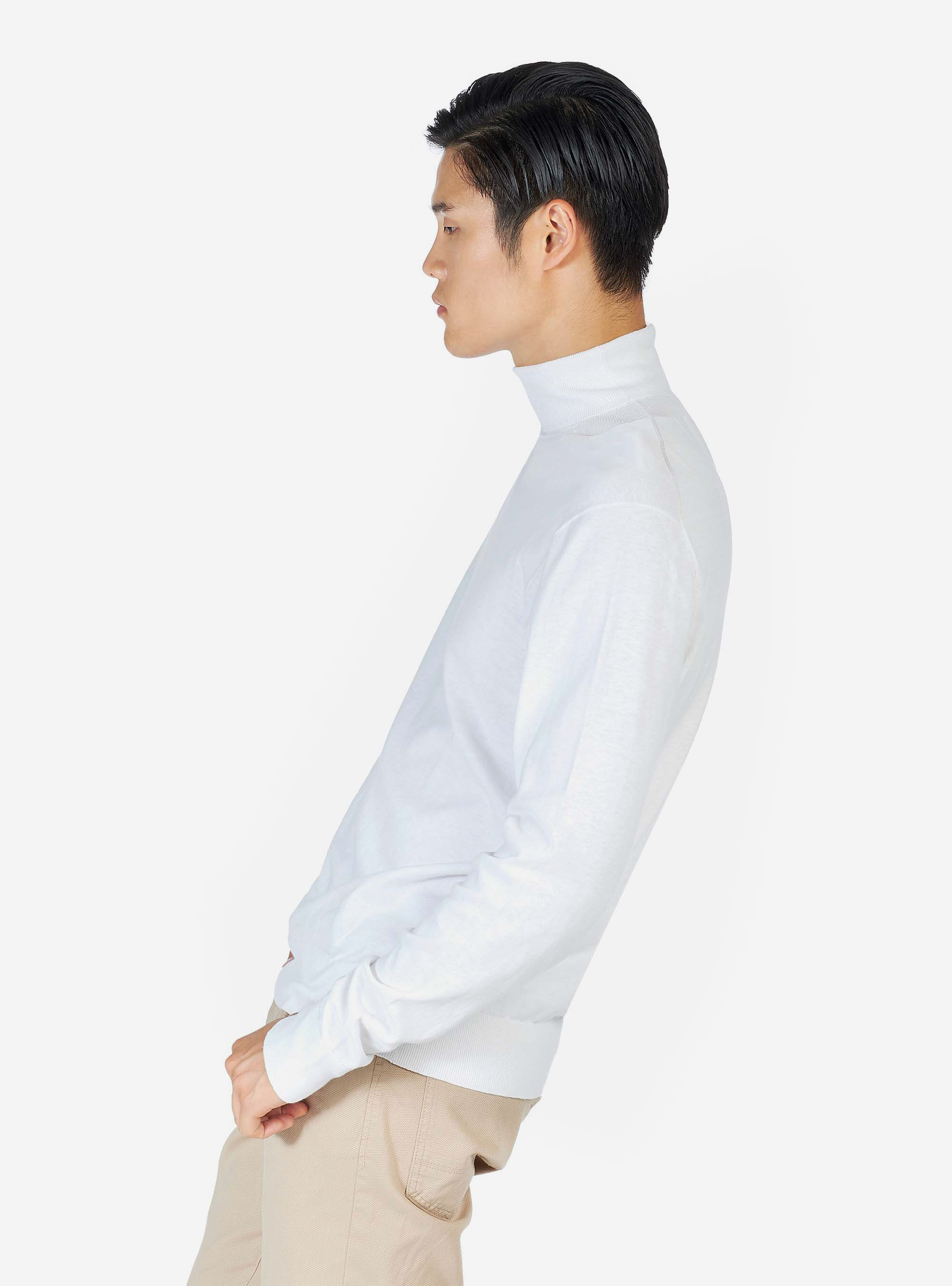 Pull col roul&eacute; basique en coton soie et cachemire, C099 WHITE