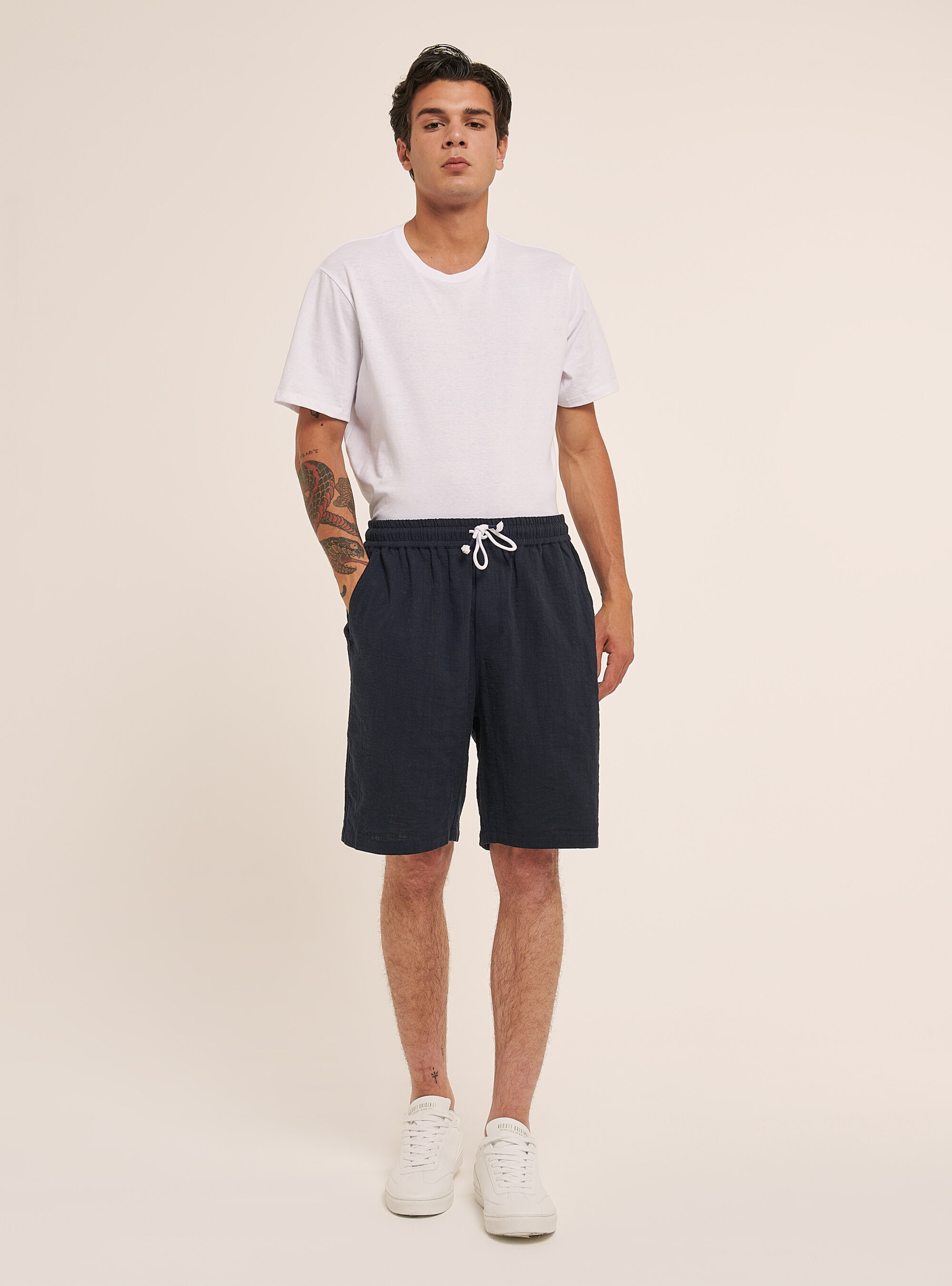 Bermuda in cotone con elastico in vita, BLU