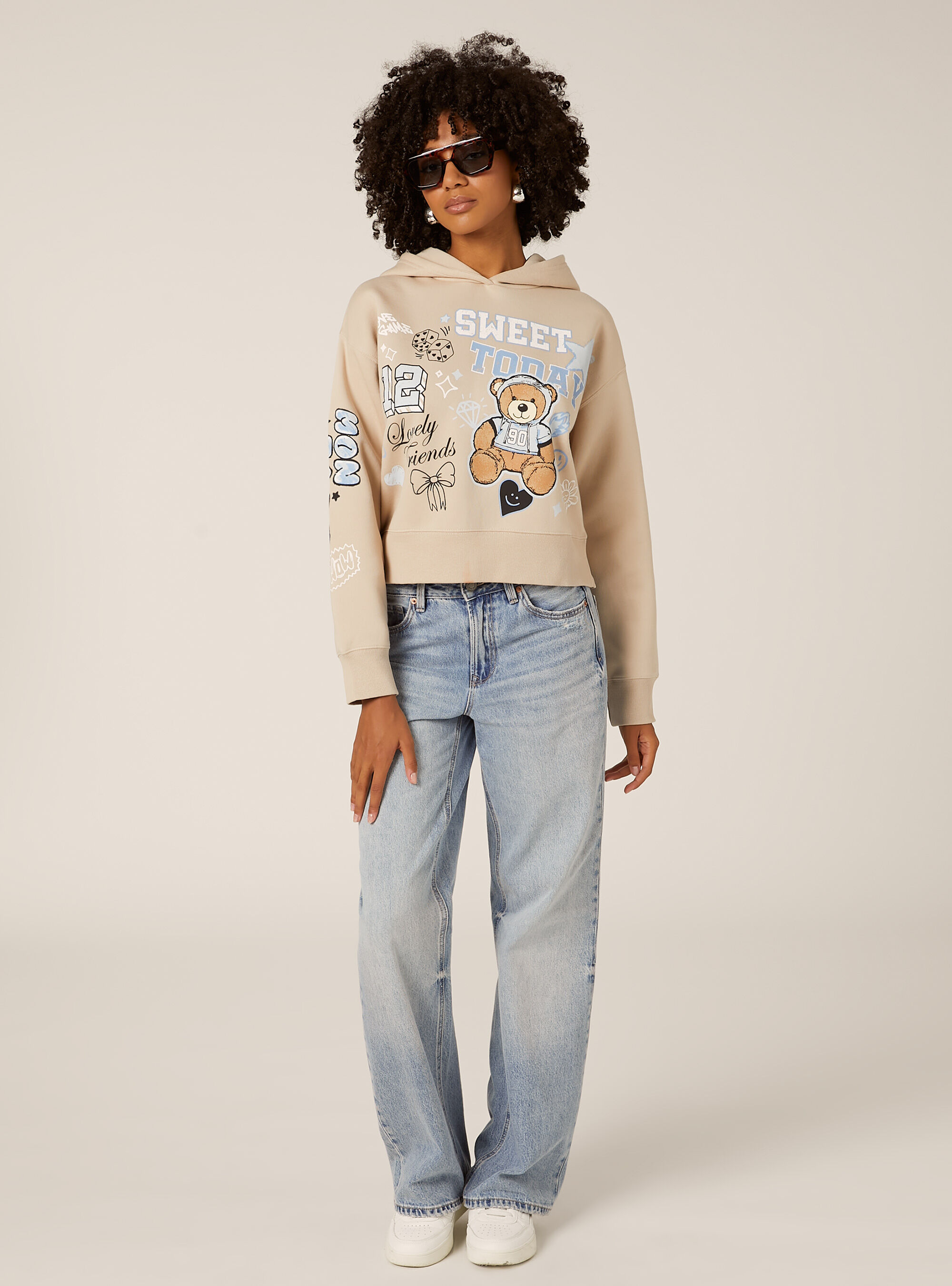 Felpa stampata boxy fit con cappuccio