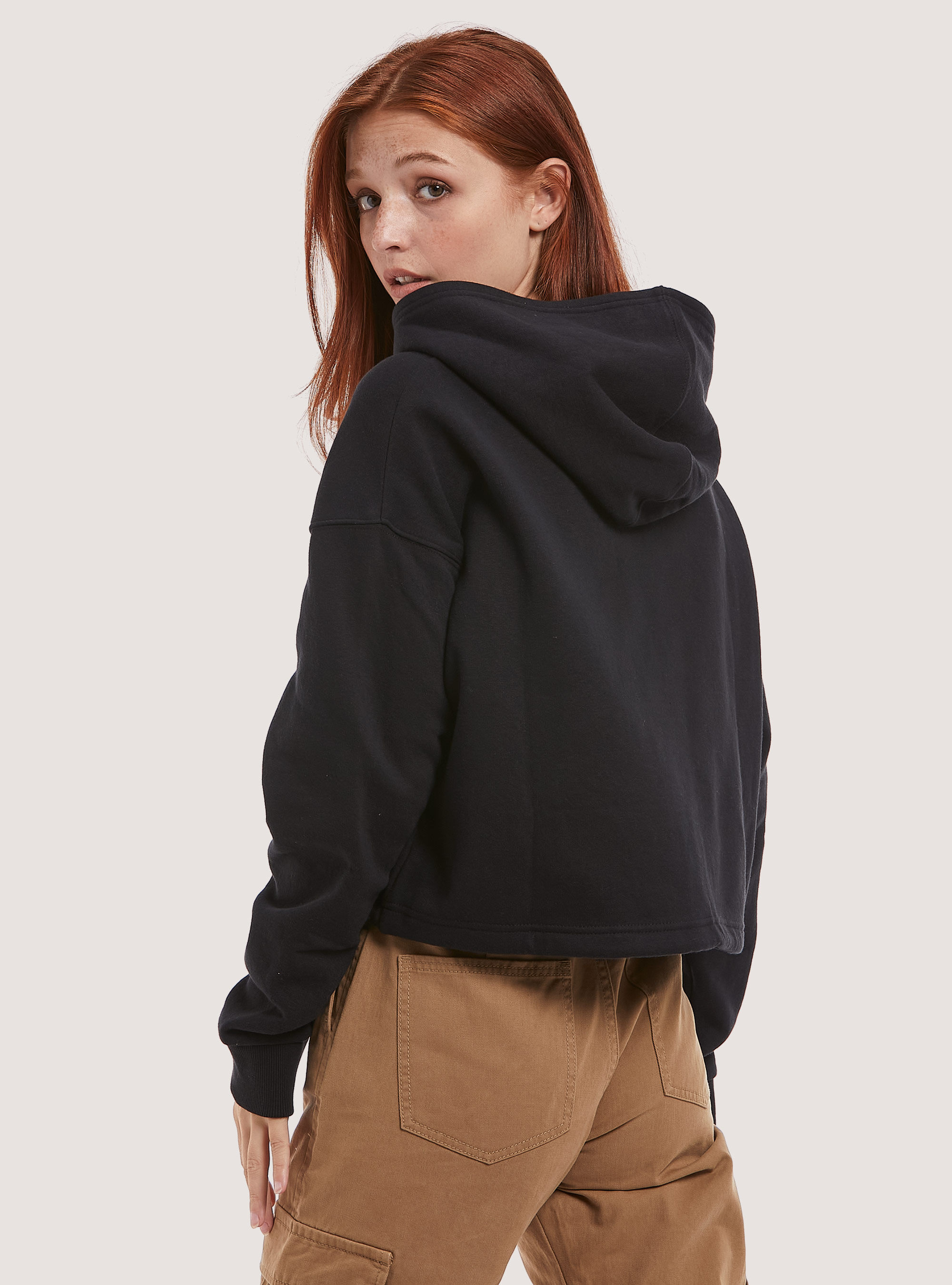 Cropped sweatshirt with print and drawstring at hem, BK1 BLACK