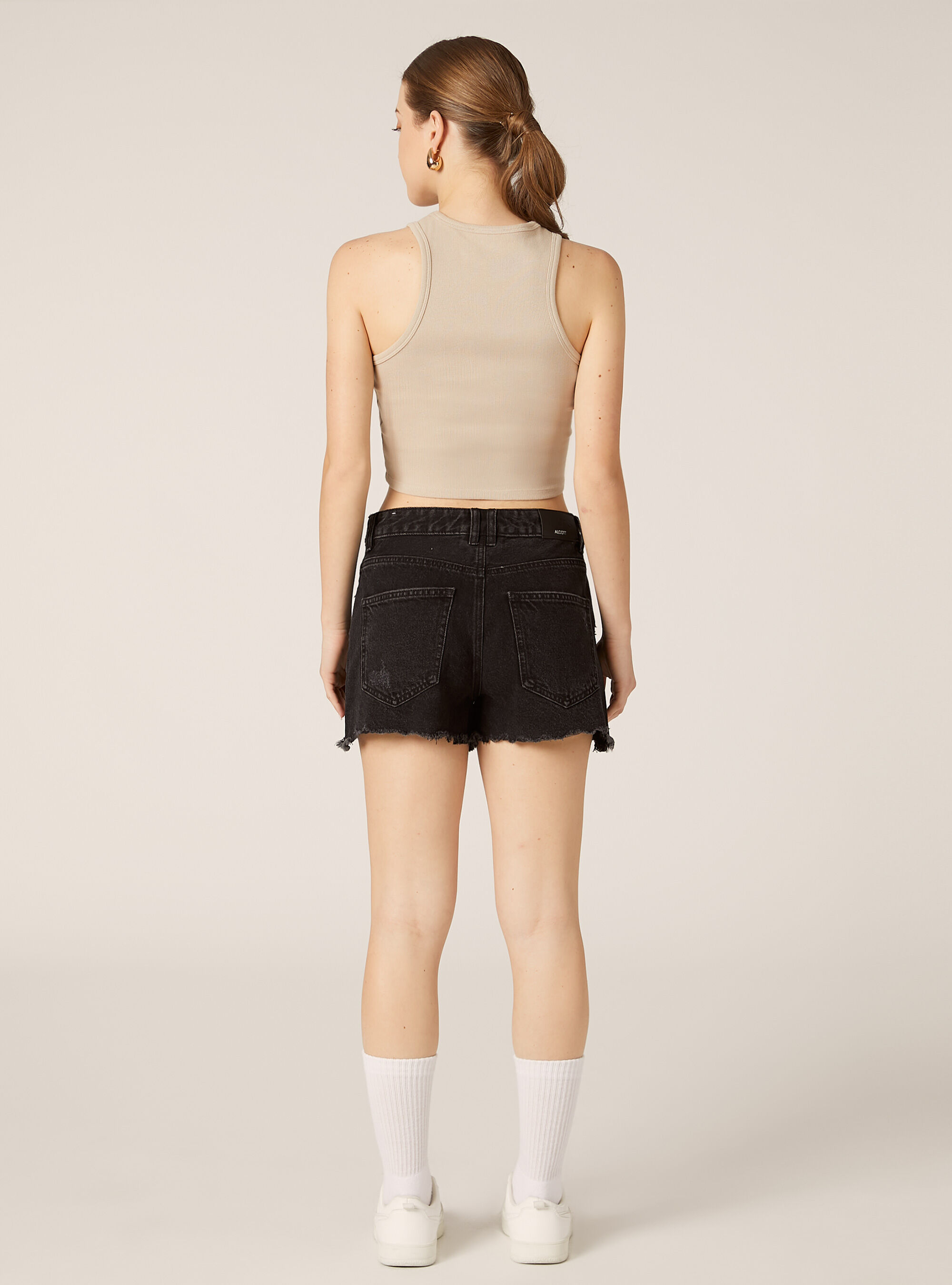 High-waisted denim shorts, D000 BLACK