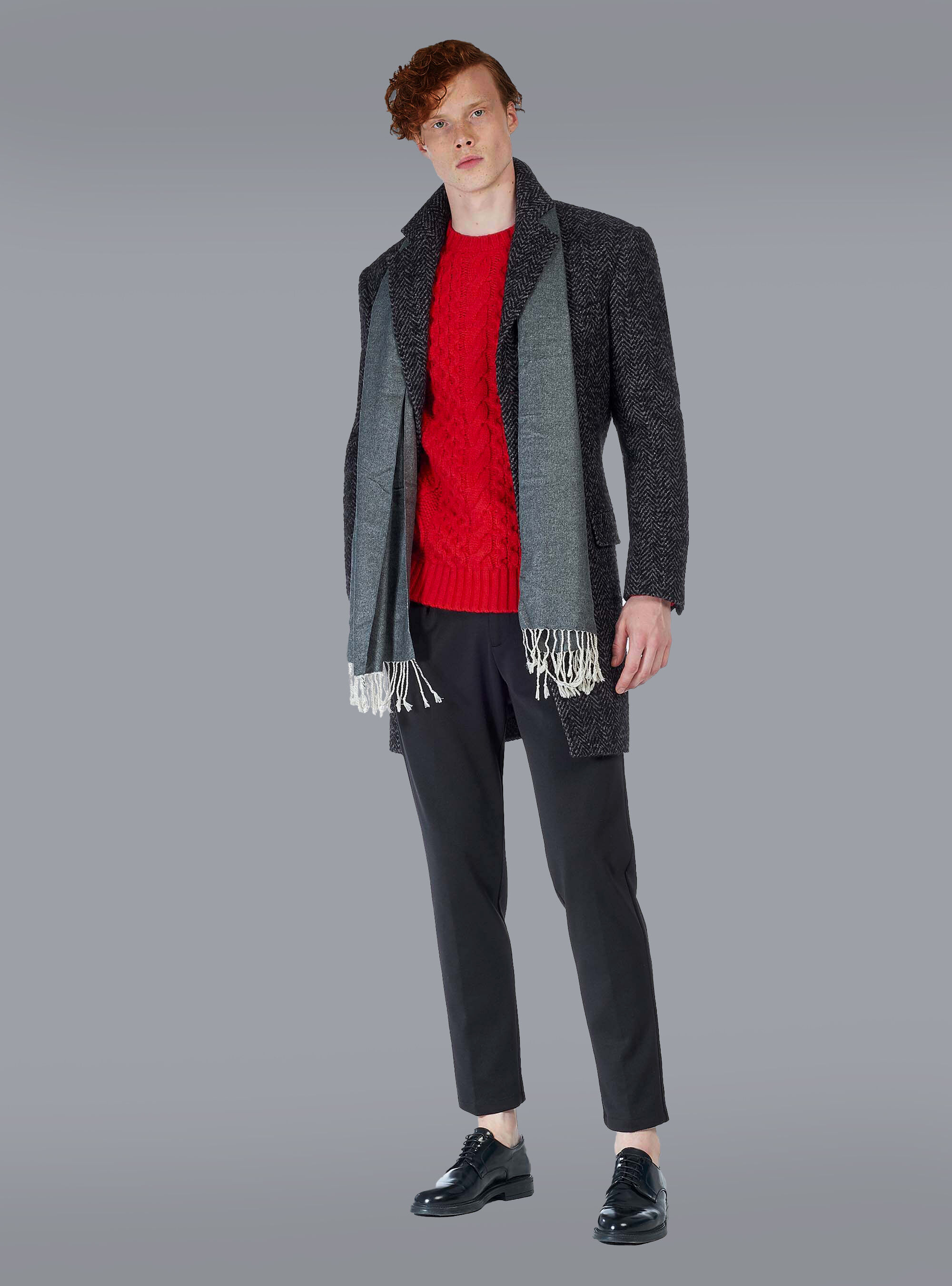 Cappotto spigato misto lana, GRIGIO MELANGE