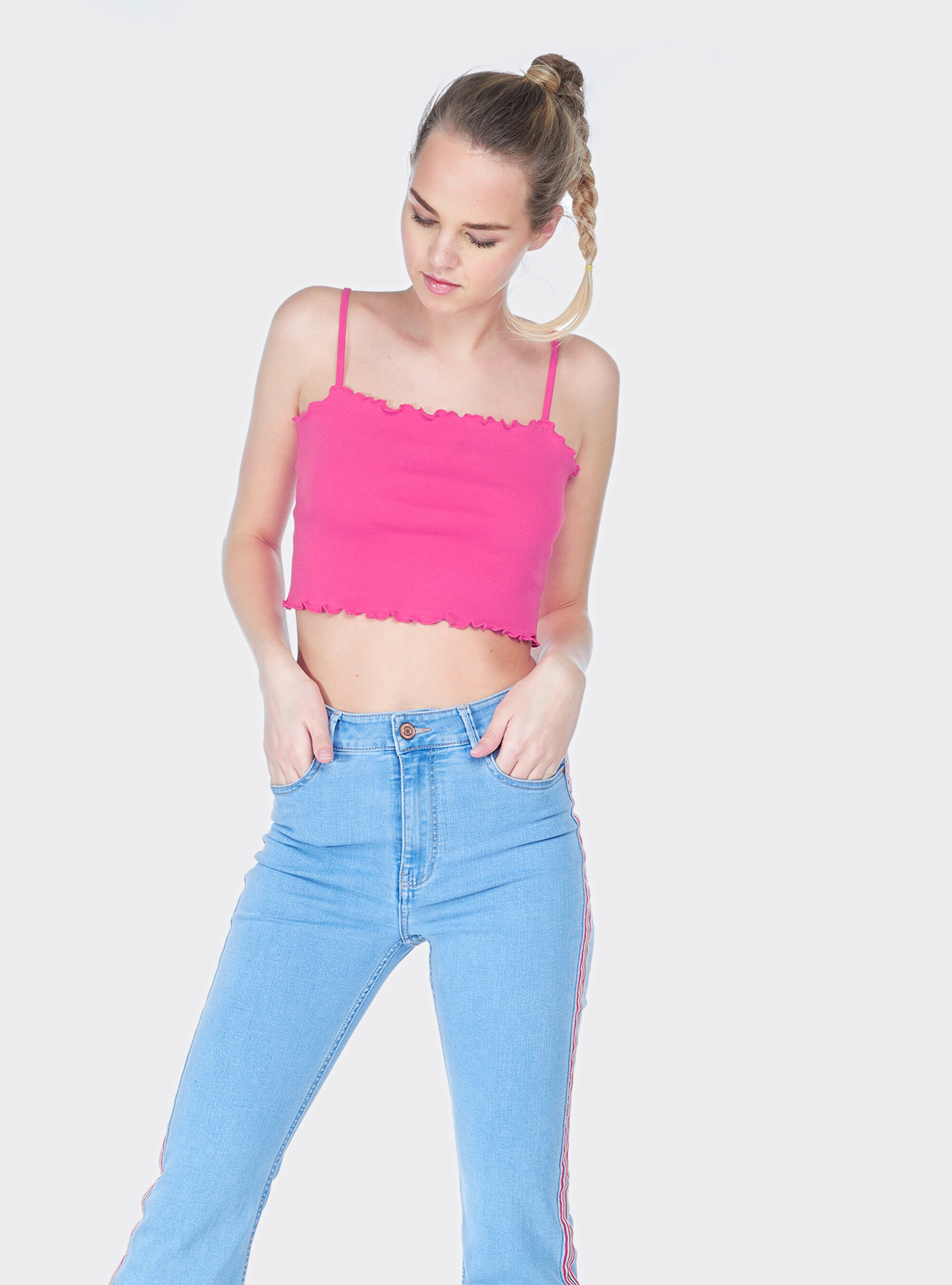 Cropped top a costina in cotone elasticizzato e rouche, C0460 FUXIA