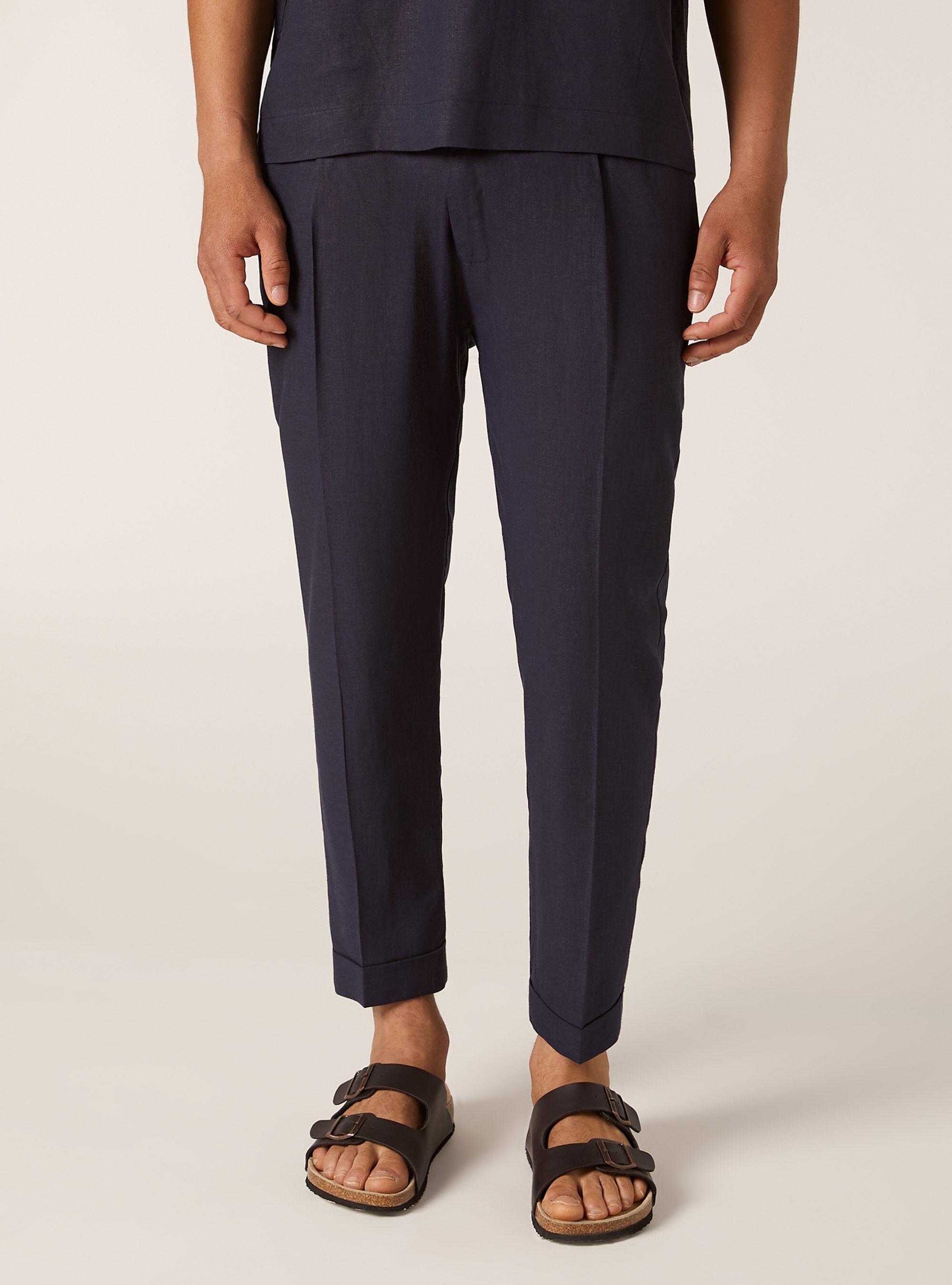 Pantalon &agrave; pinces en lin m&eacute;lang&eacute;, NA2 NAVY MEDIUM