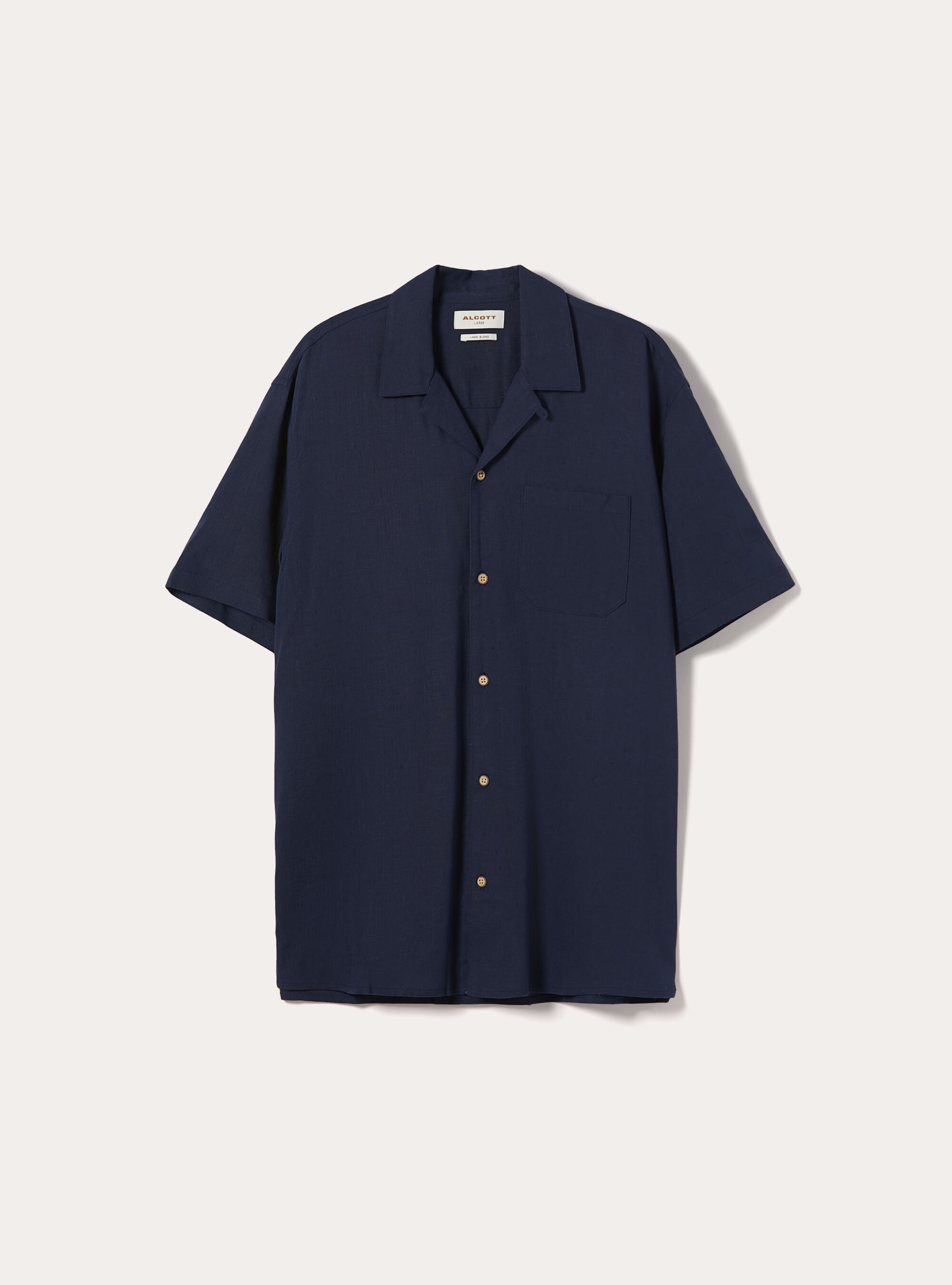 Camicia in misto lino con collo bowling, BLU MEDIO