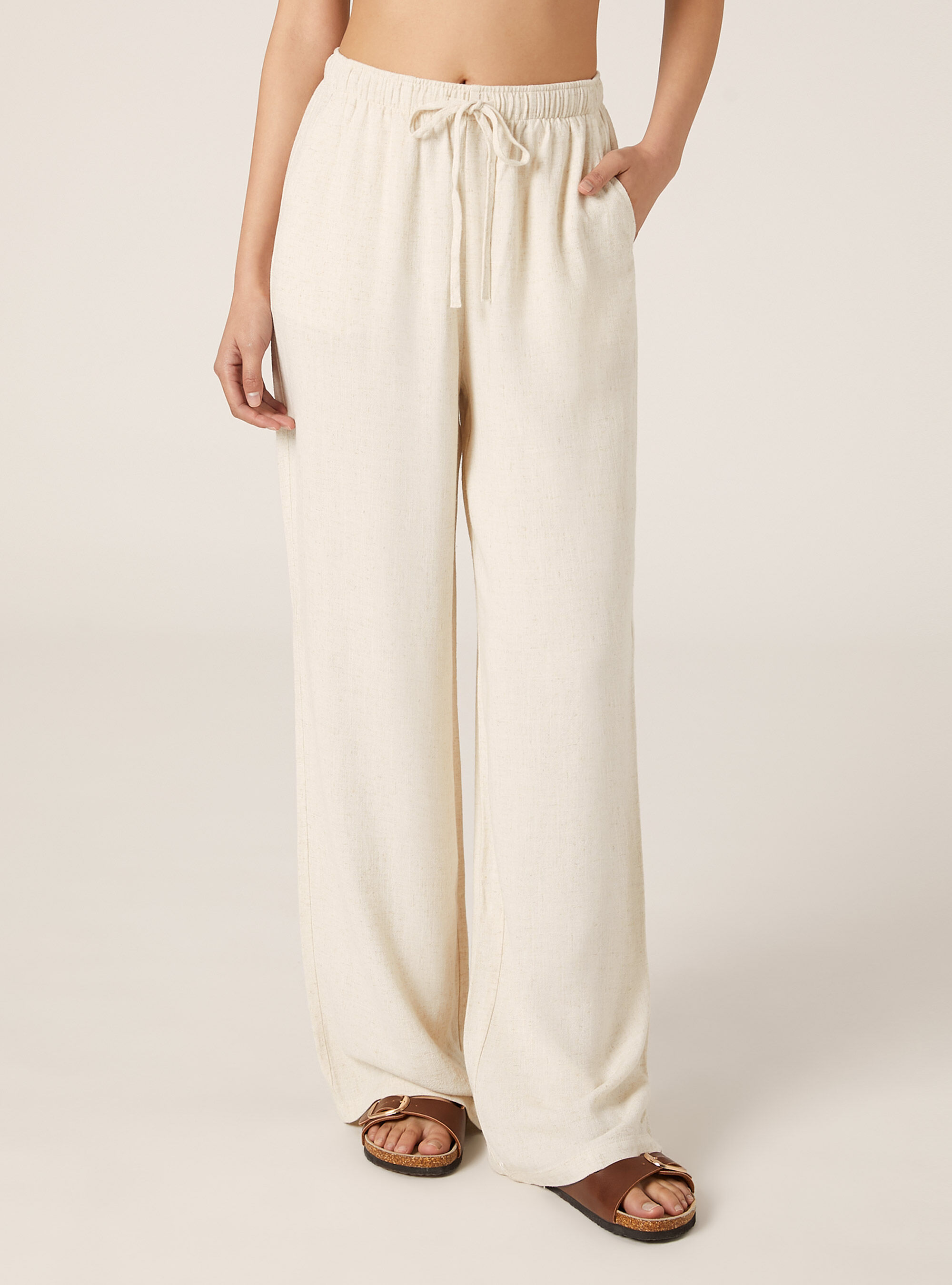 Pantal&oacute;n palazzo en mezcla de lino, MBG3 BEIGE MEL LIGHT