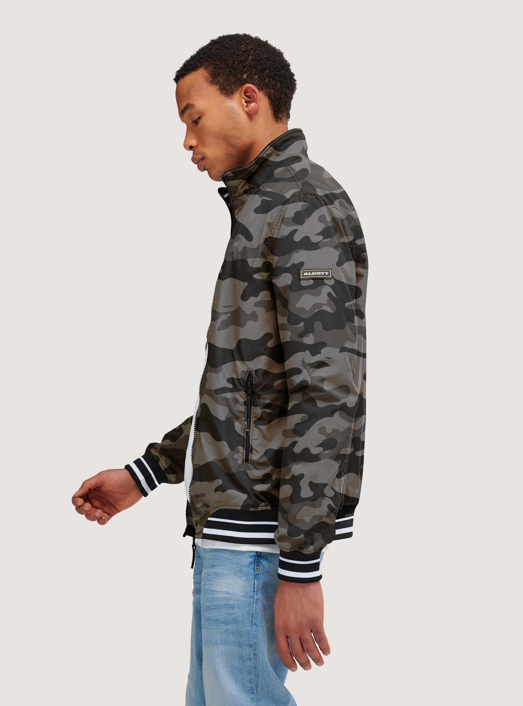 Camouflage bomber jacket with ribbed details, CAMOUFLAGE