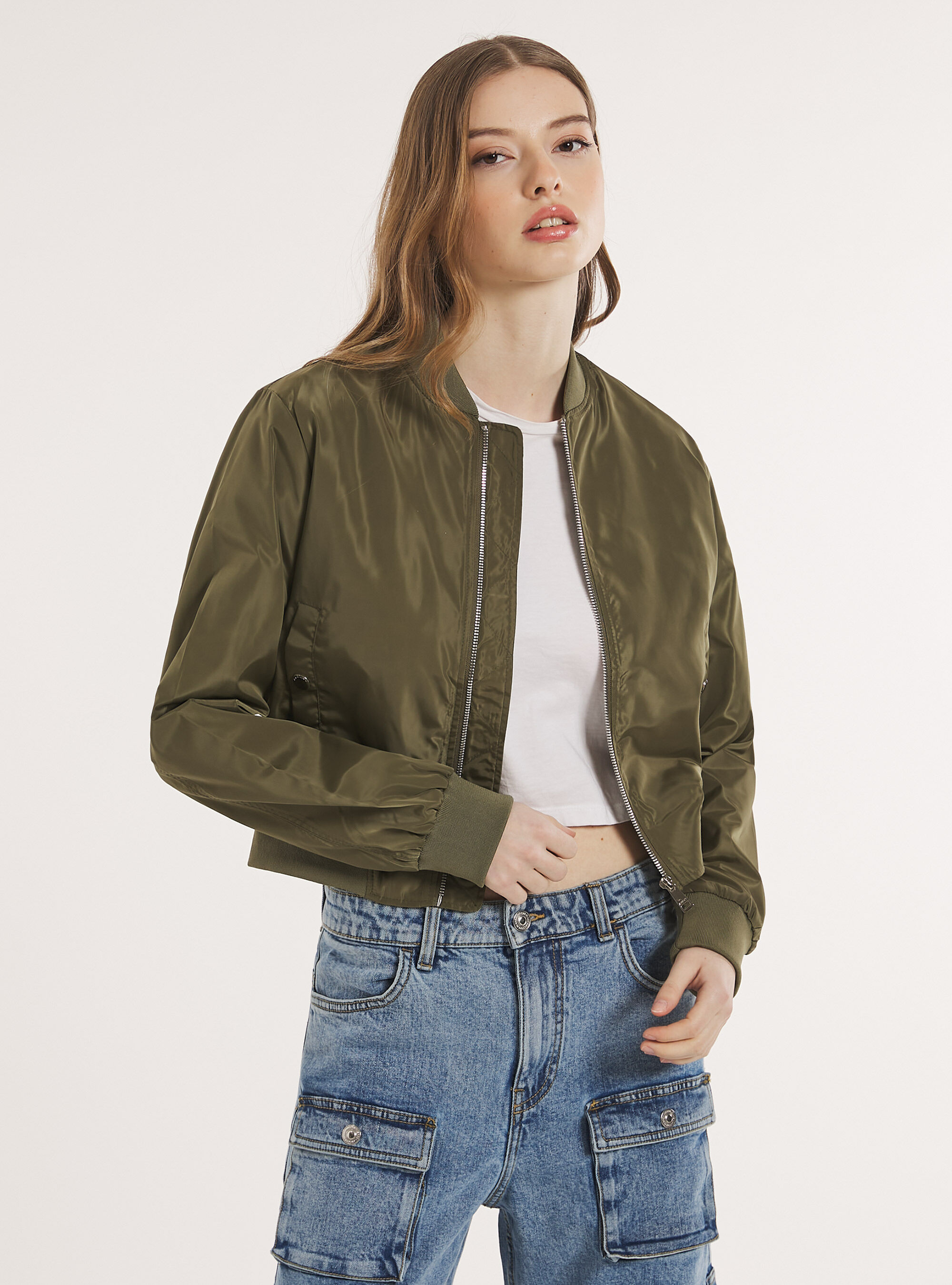 Green cropped bomber jacket shop