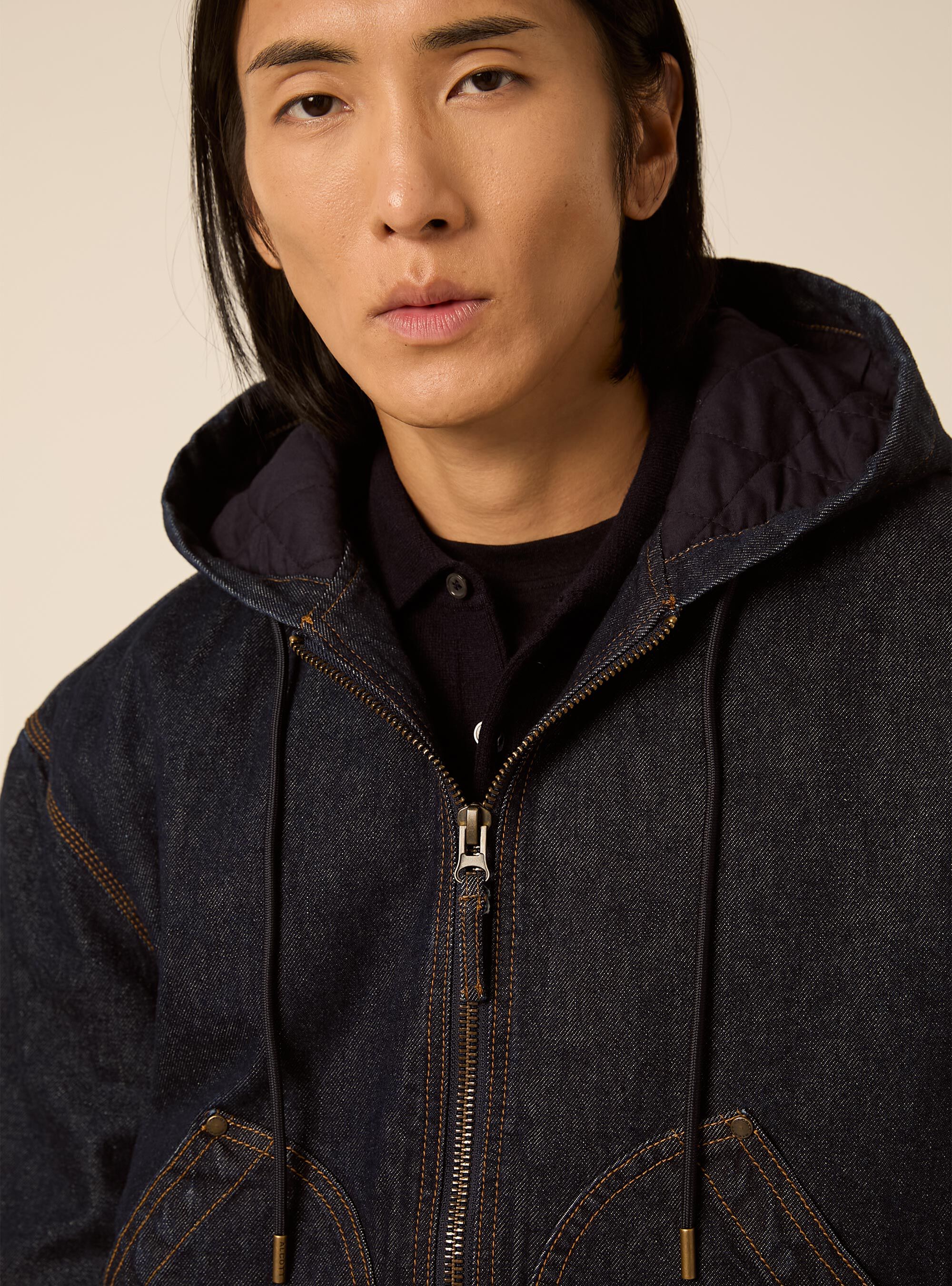 Giacca imbottita con cappuccio in denim, D001 DEEP BLUE