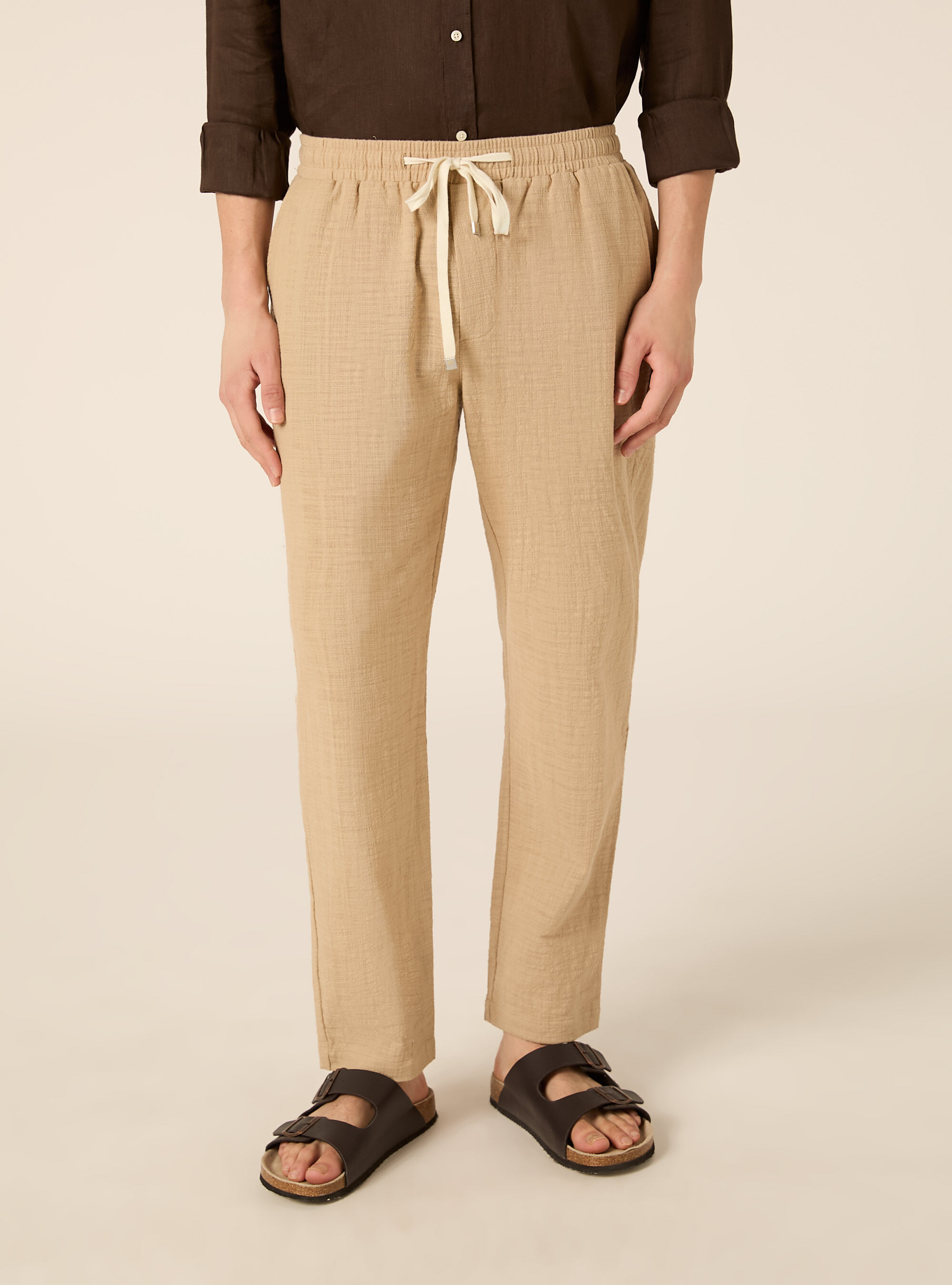 Pantaloni in cotone con laccio in vita, BG2 BEIGE MEDIUM