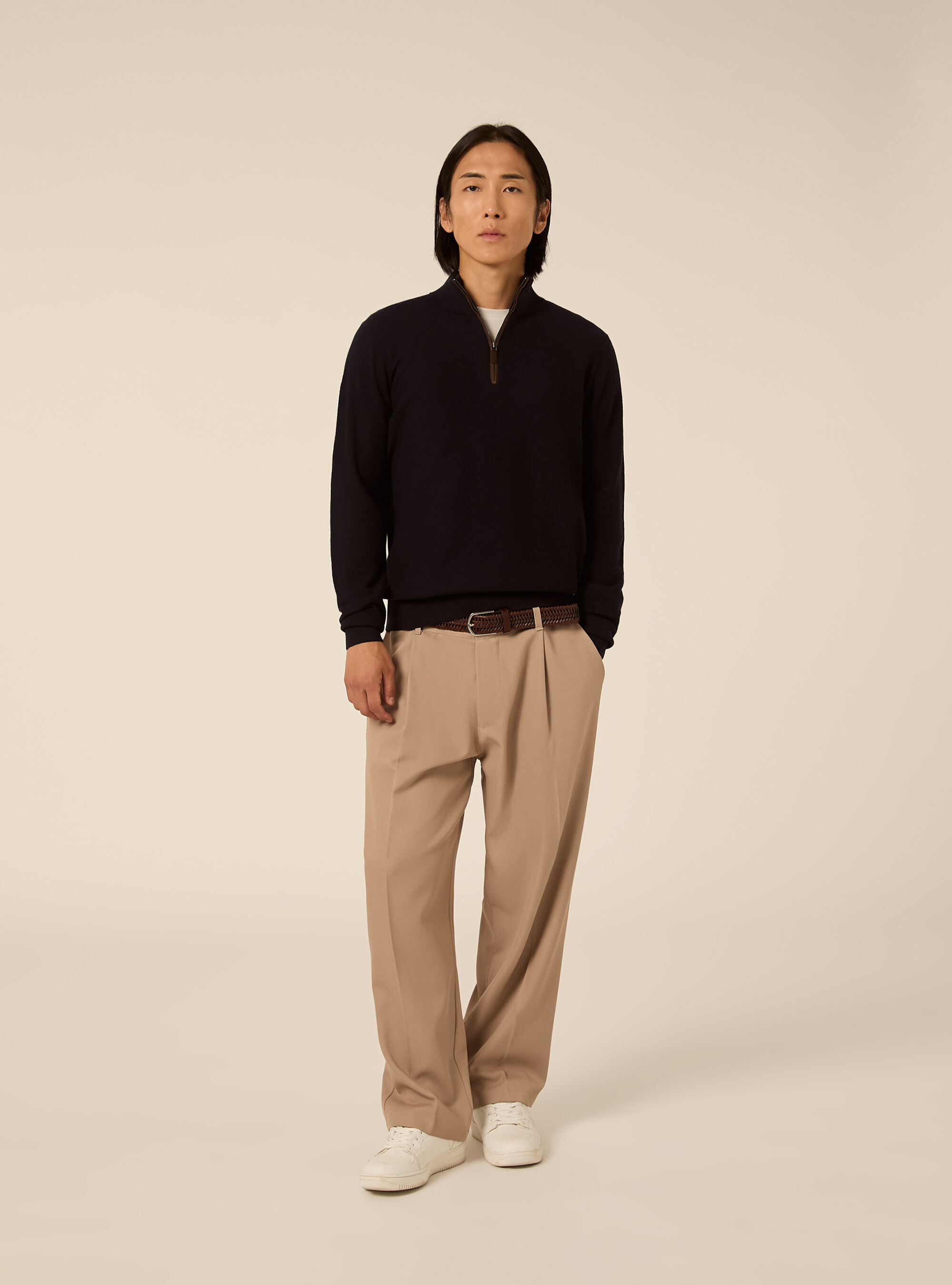 Half zip cashmere blend jumper with high neck
