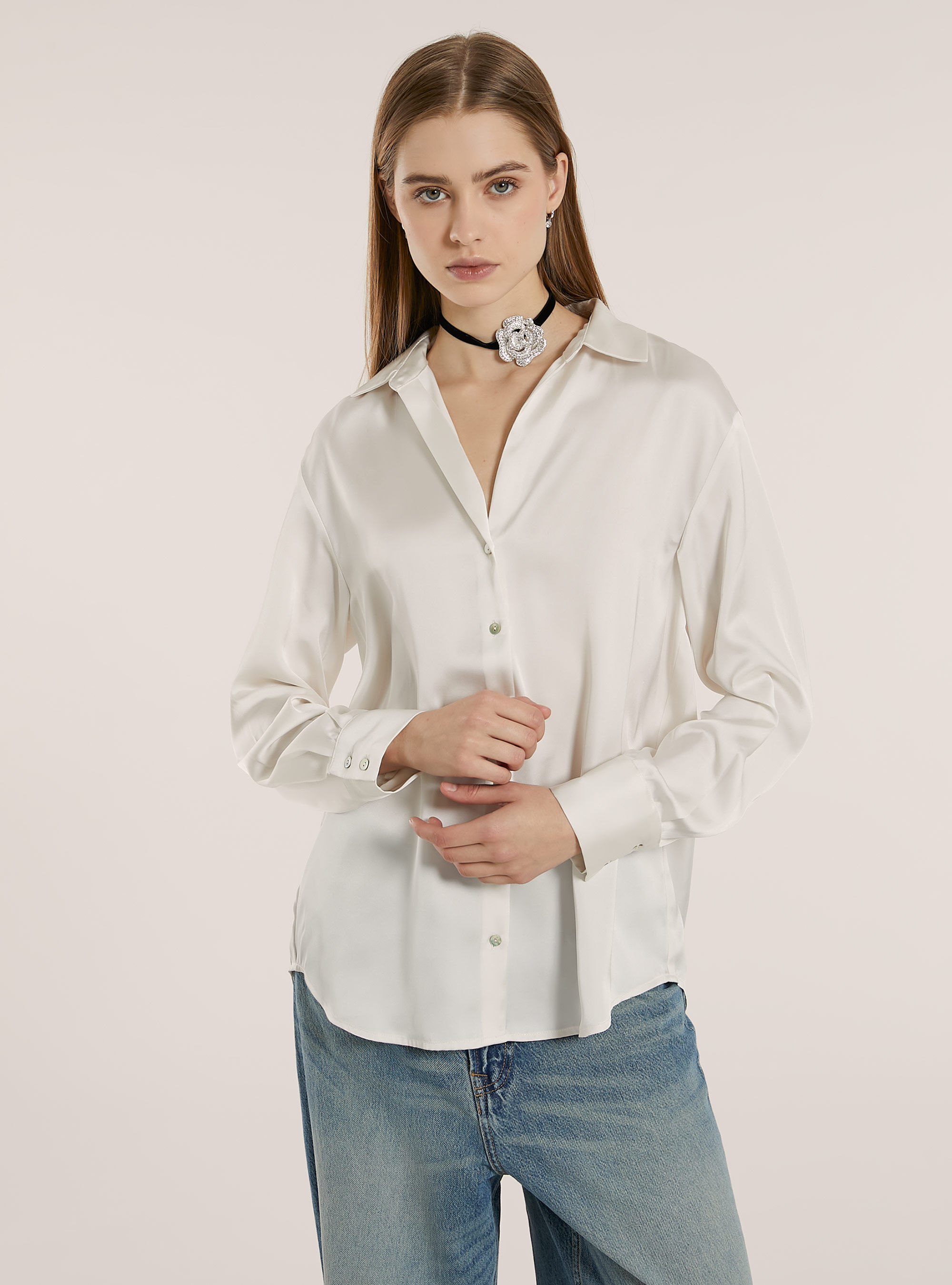 Chemise unie en satin, WH1 OFF WHITE