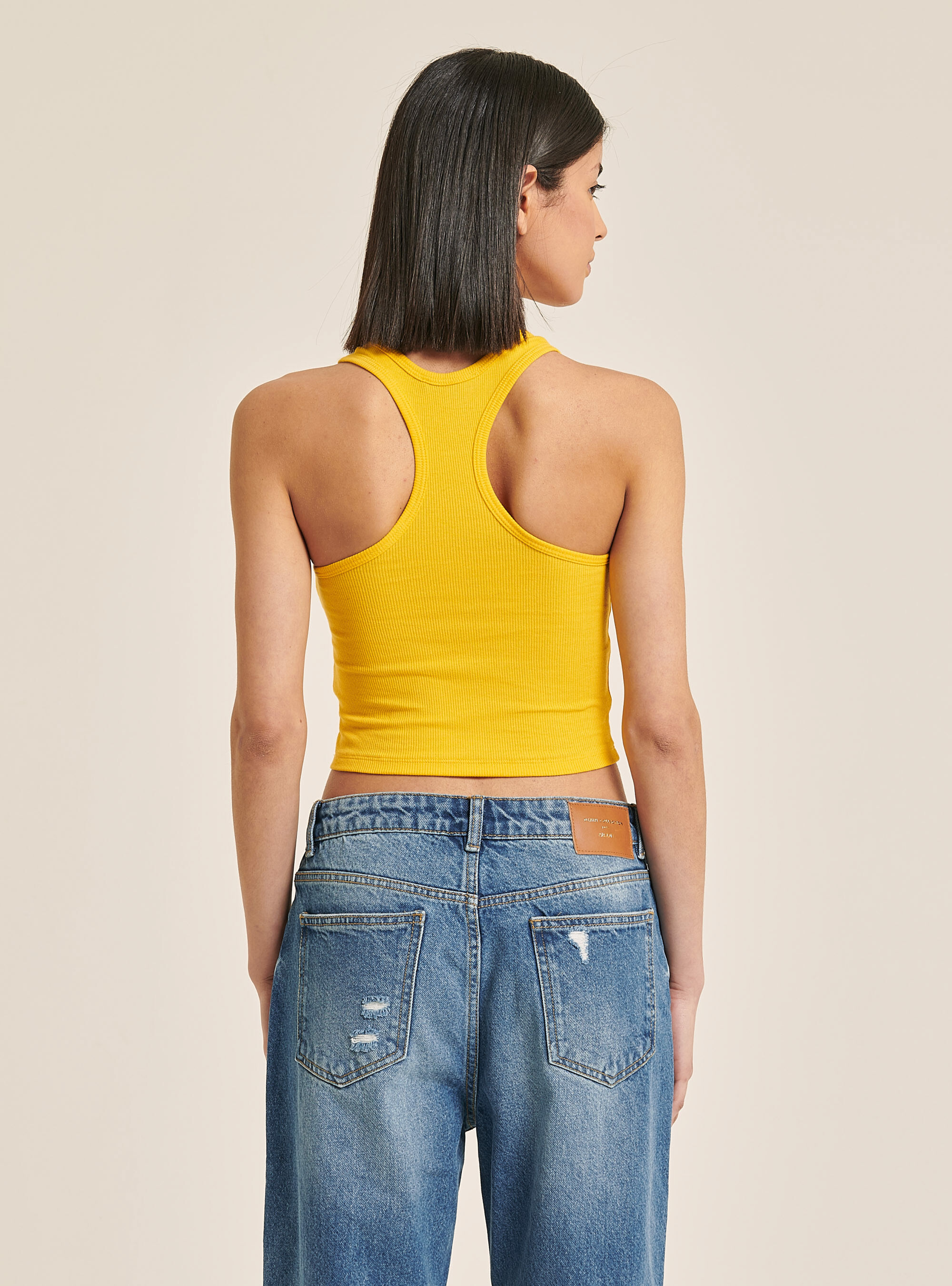 Ribbed cropped top with x-neckline at the back, C7713 YELLOW