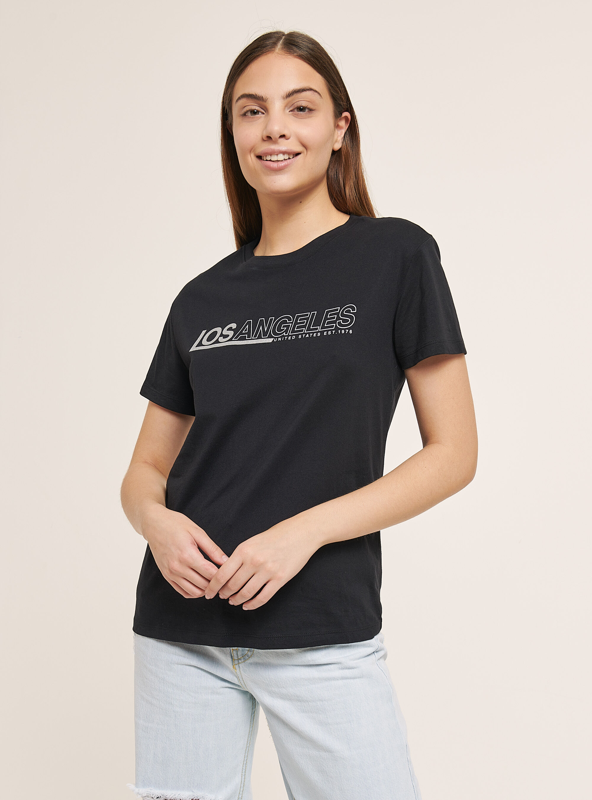 Cotton T-shirt with glitter print, BLACK