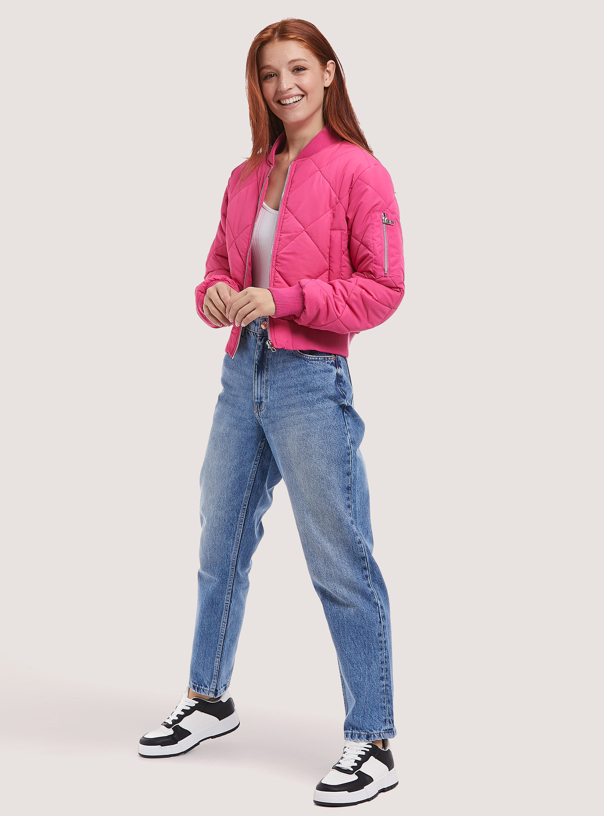 Pink cropped bomber jacket online