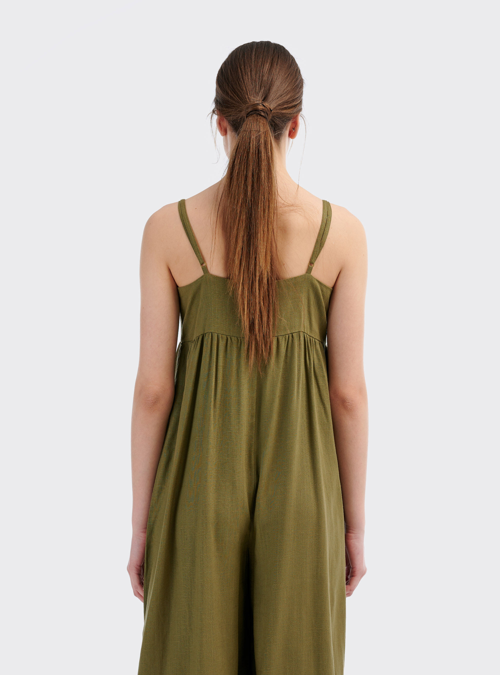 Tuta lunga in misto lino con gamba ampia e bottoncini sul front, C6601 KAKY