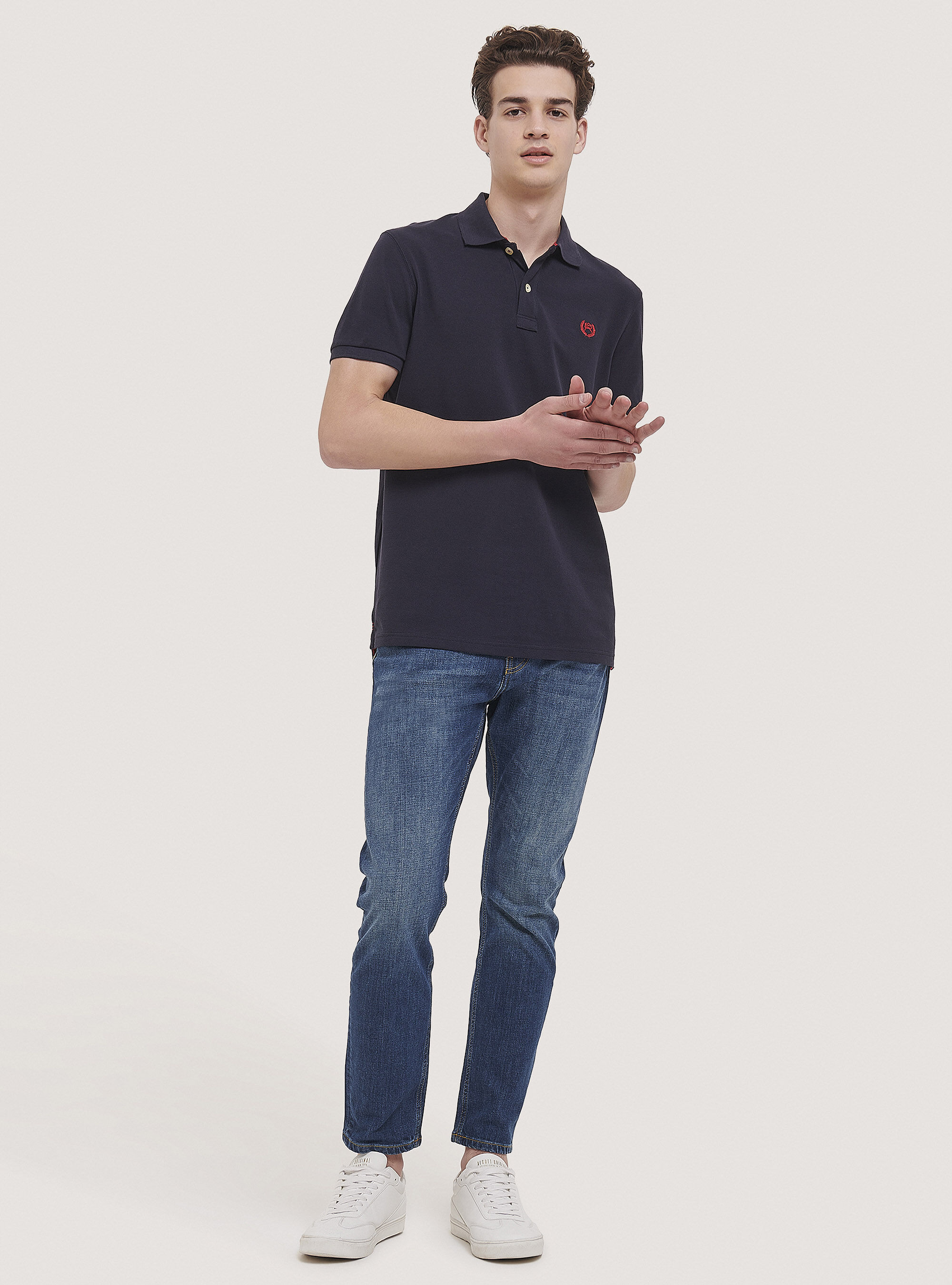 Cotton pique polo shirt with embroidery, BLUE NAVY