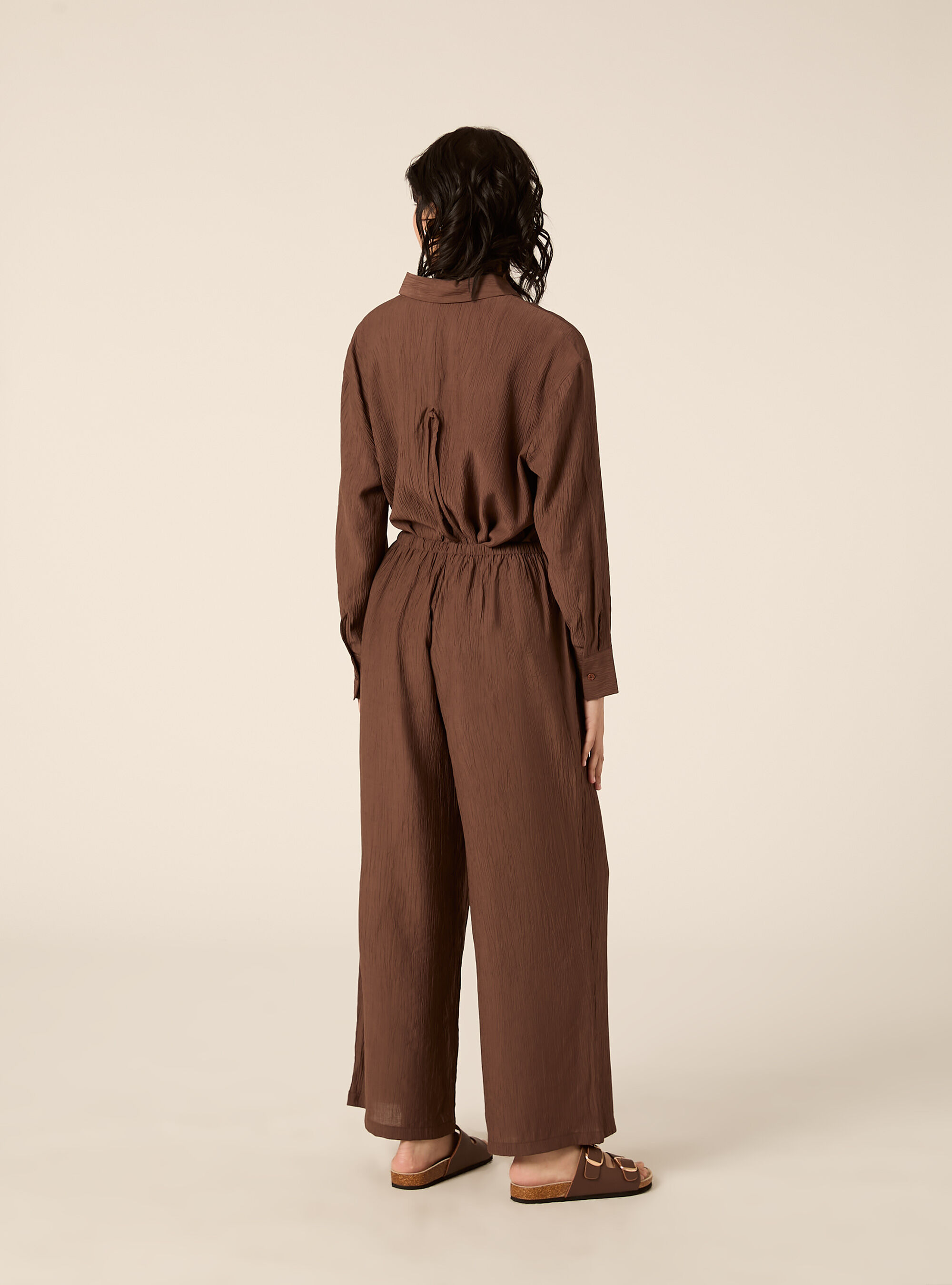 Pantaloni ampi con vita elasticizzata in crepe, MARRONE MEDIO