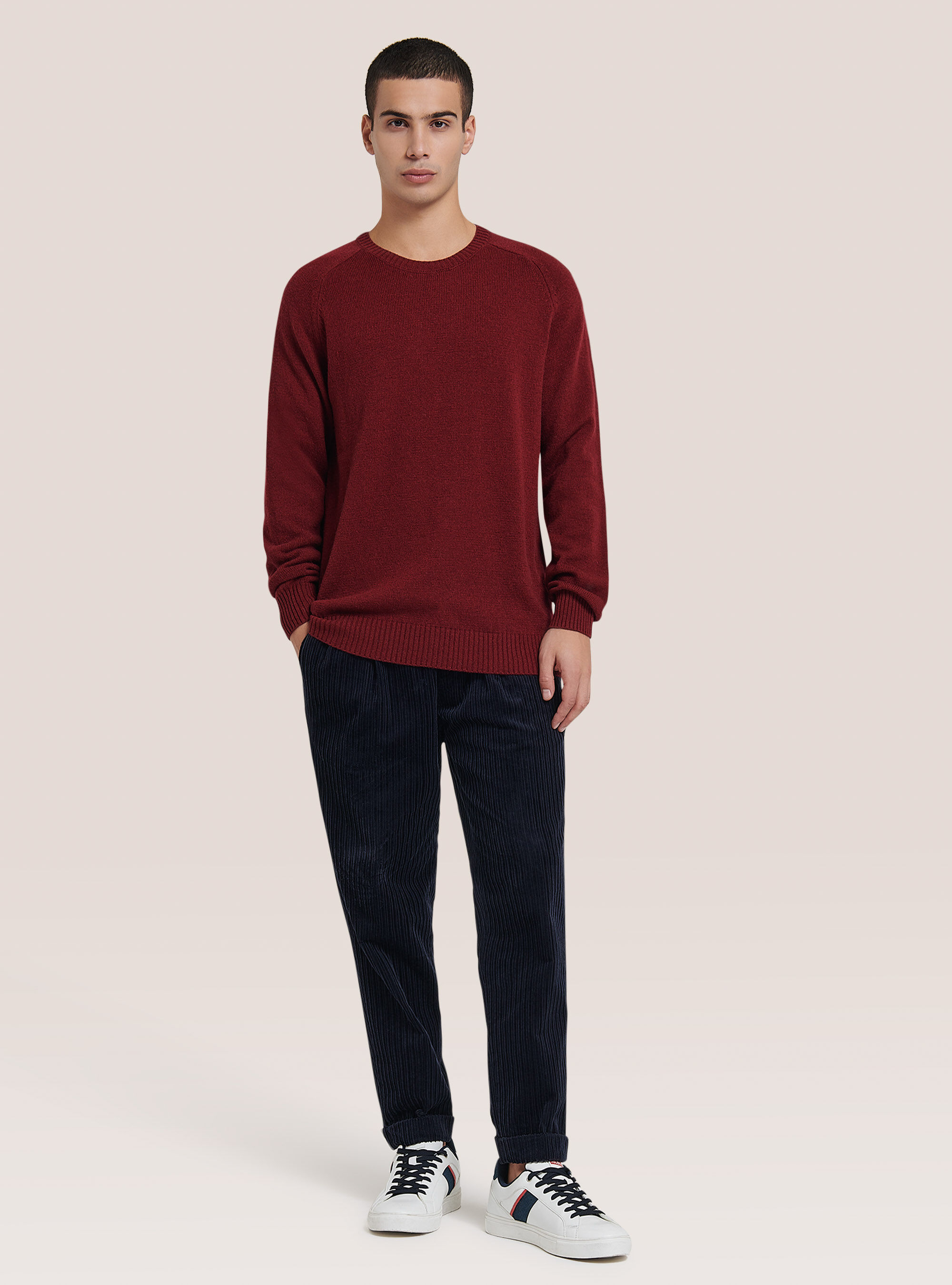 Pullover mit Rundhalsausschnitt aus einer Wollmischung, C326 BORDEAUX