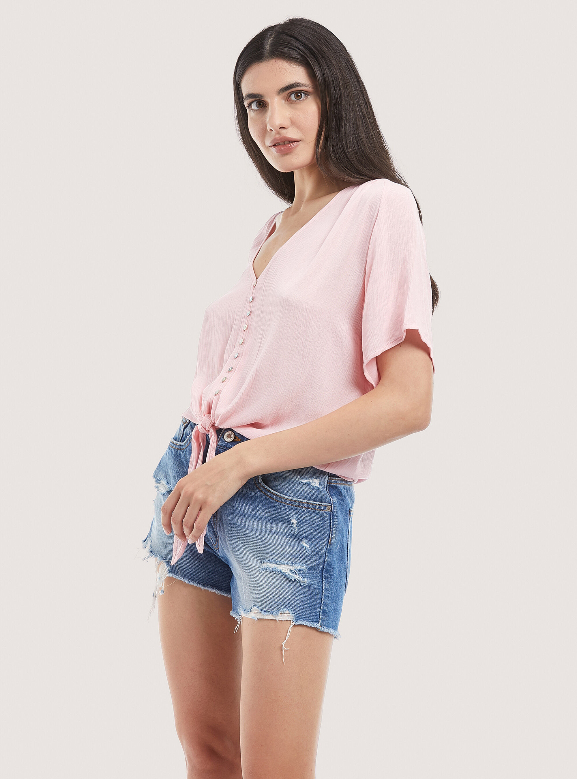 Solid colour v-neck shirt with waist knot, C4400 PINK