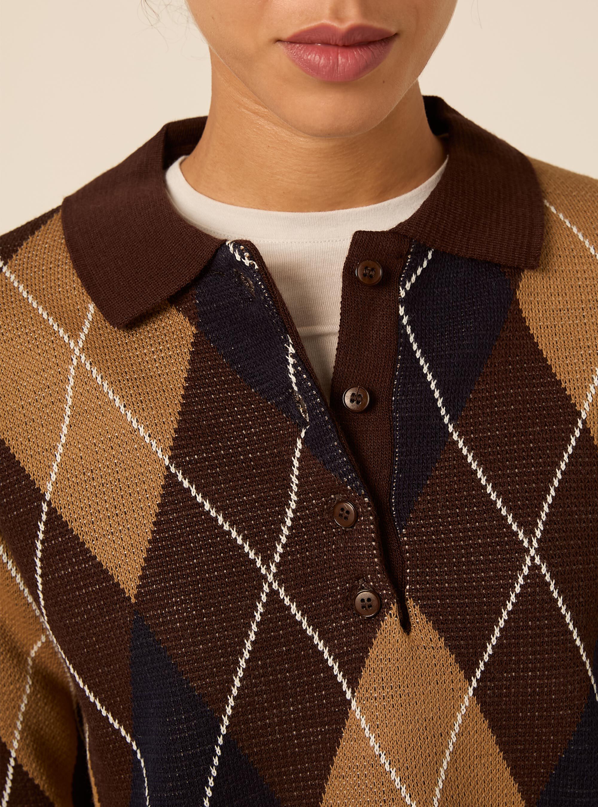 Pullover polo con rombi, BR1 BROWN DARK