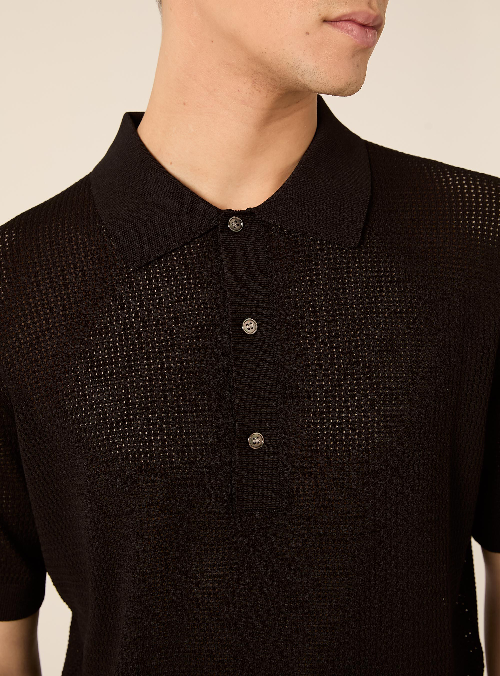 Maglia polo in crochet in misto viscosa, BK1 BLACK