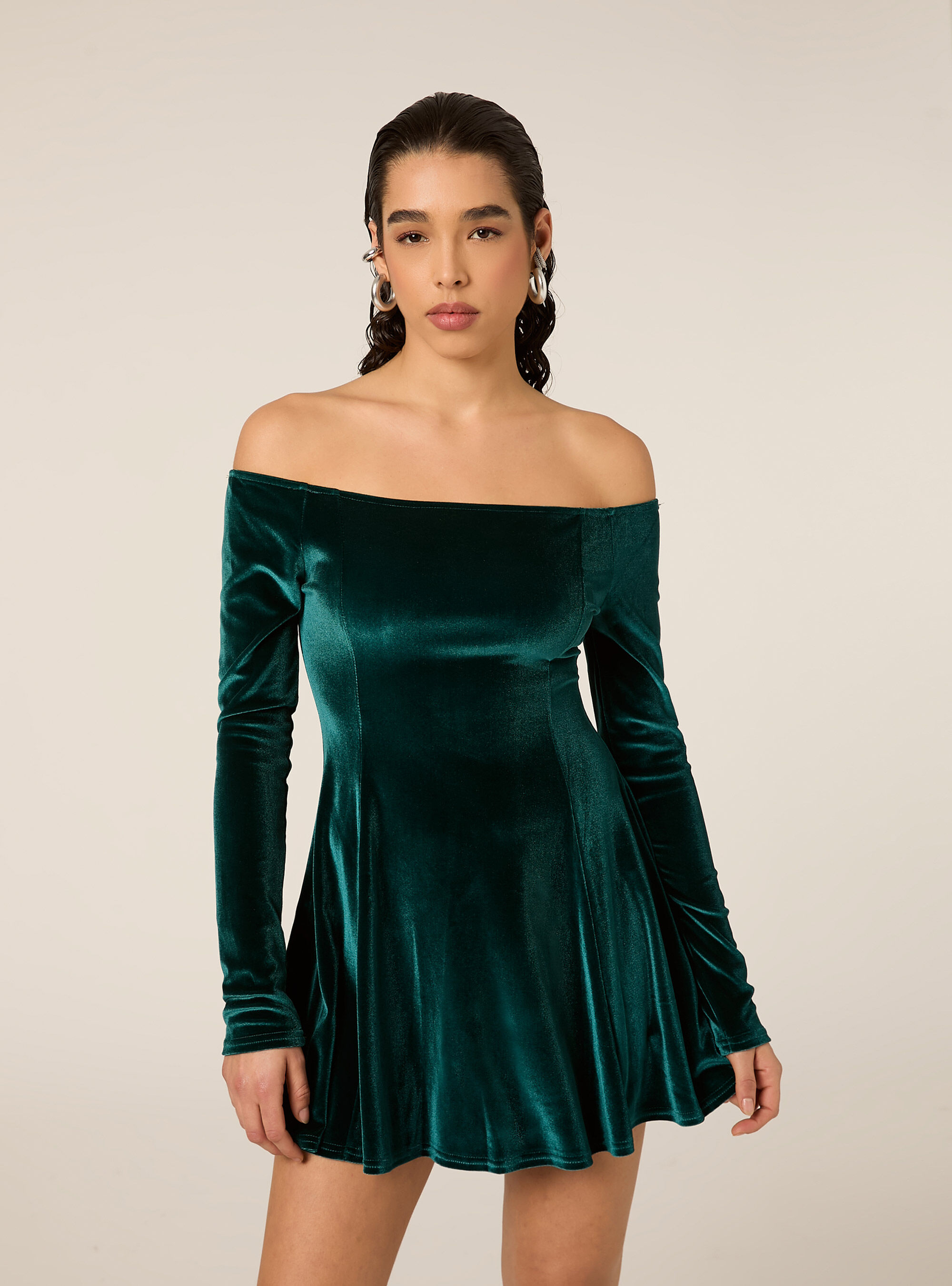Flared velvet dress, GN1 GREEN DARK