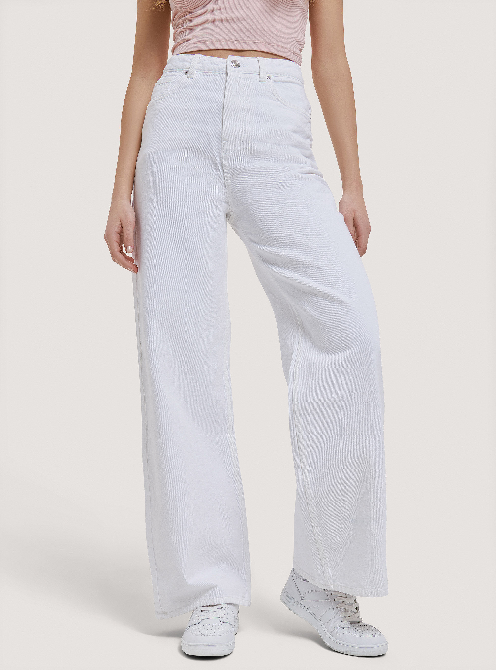 Pantalon en serg&eacute; &agrave; jambes larges, C028 OFF WHITE