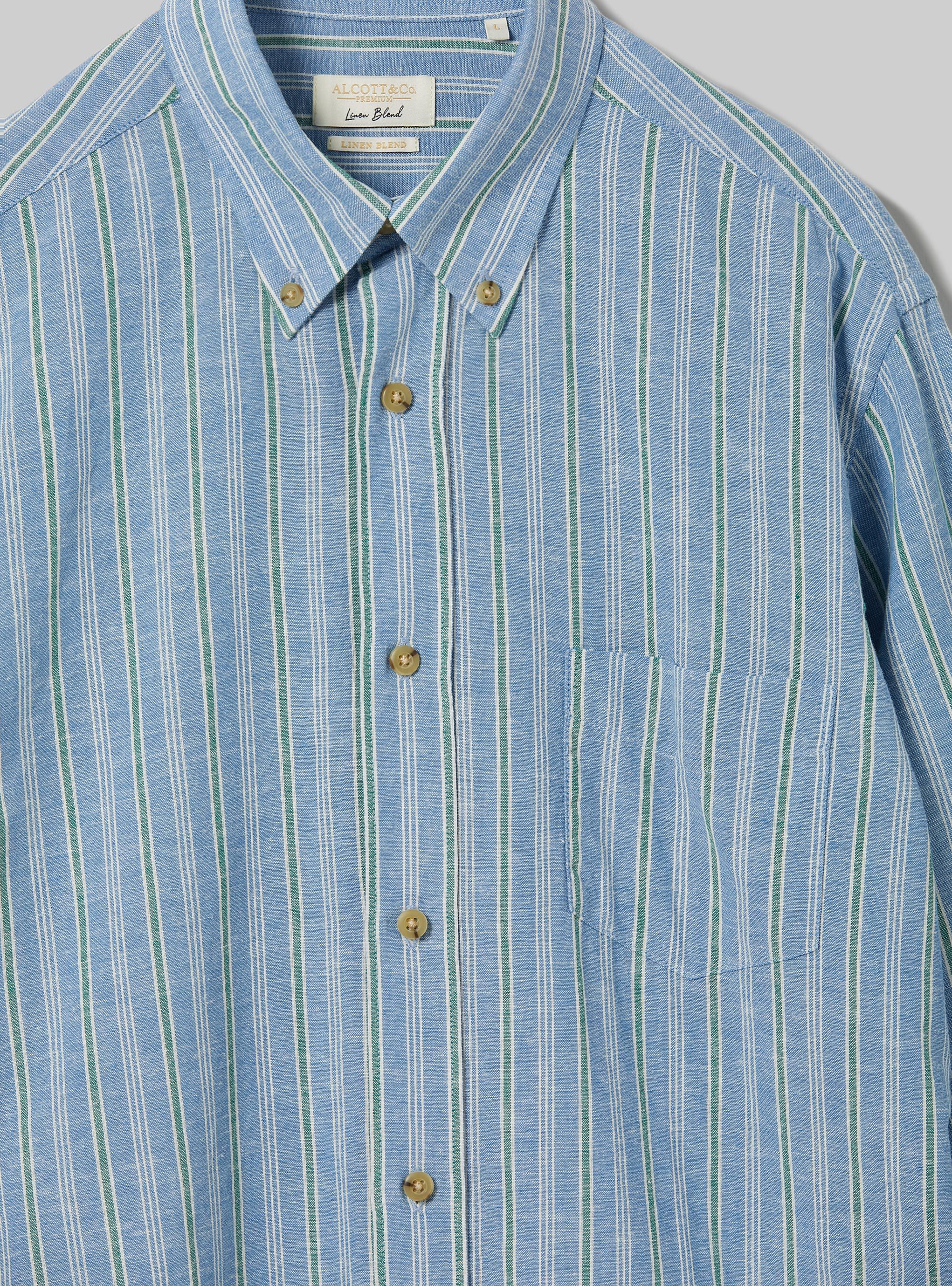 Camicia in misto lino rigata, AZZURRO
