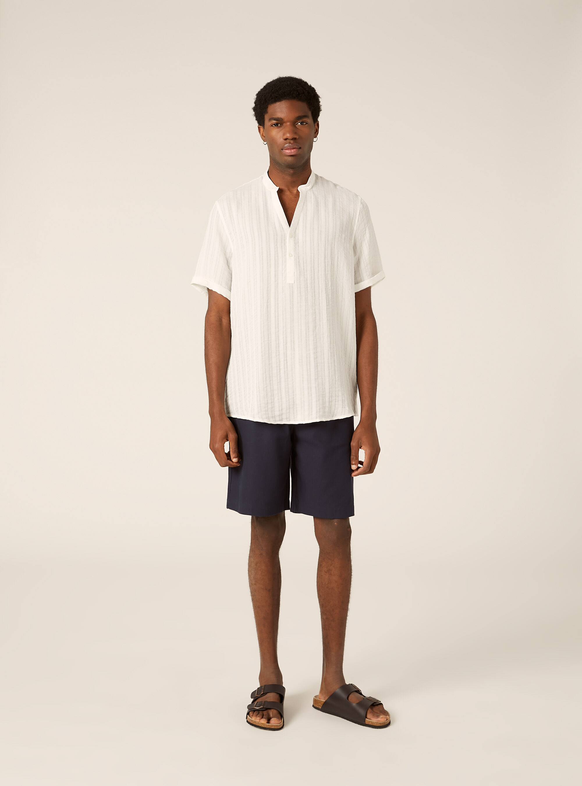 Short Sleeve Henley Popover Shirt with Vertical Texture