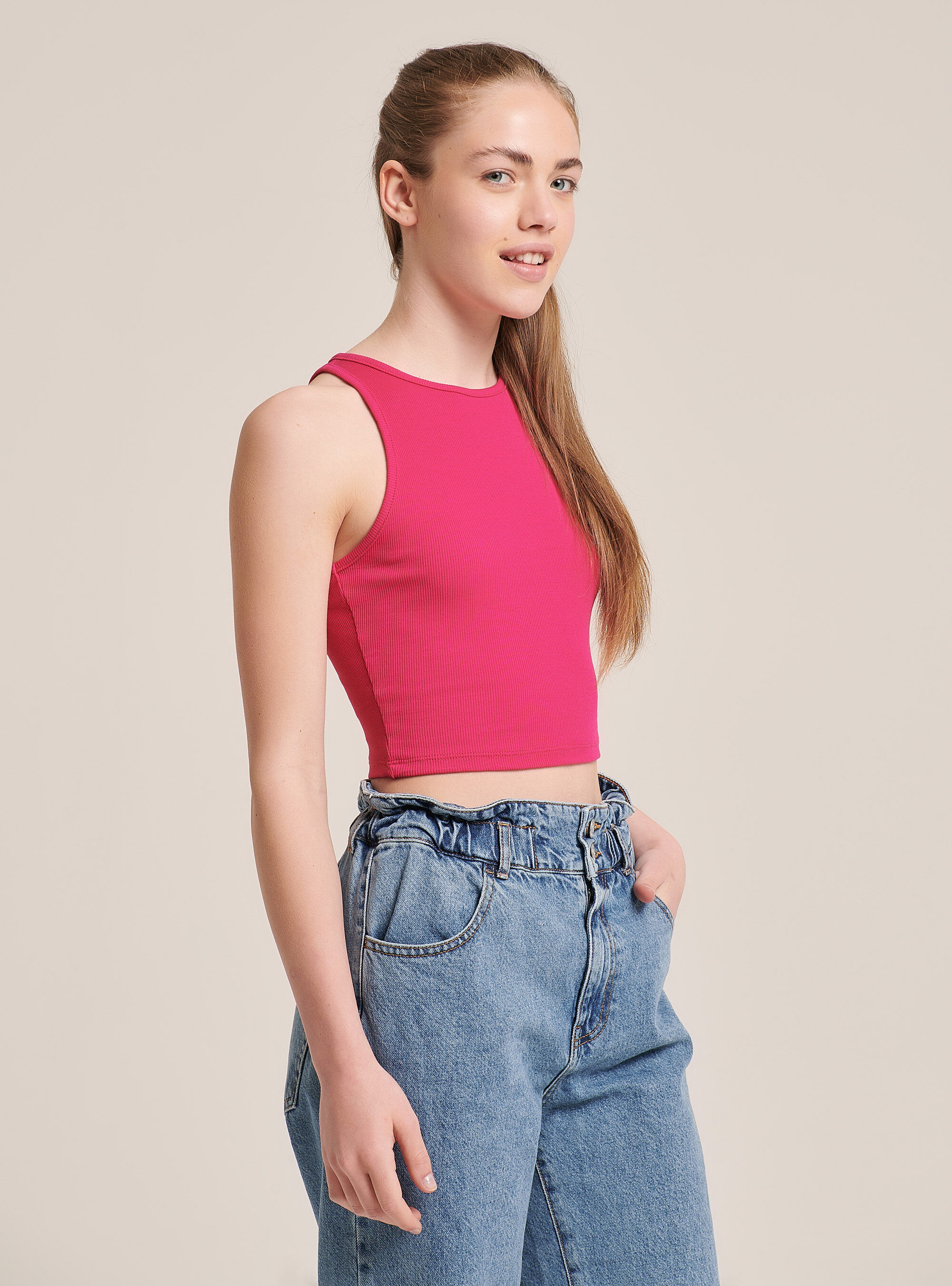 Elastic ribbed crop top in cotton, FUXIA