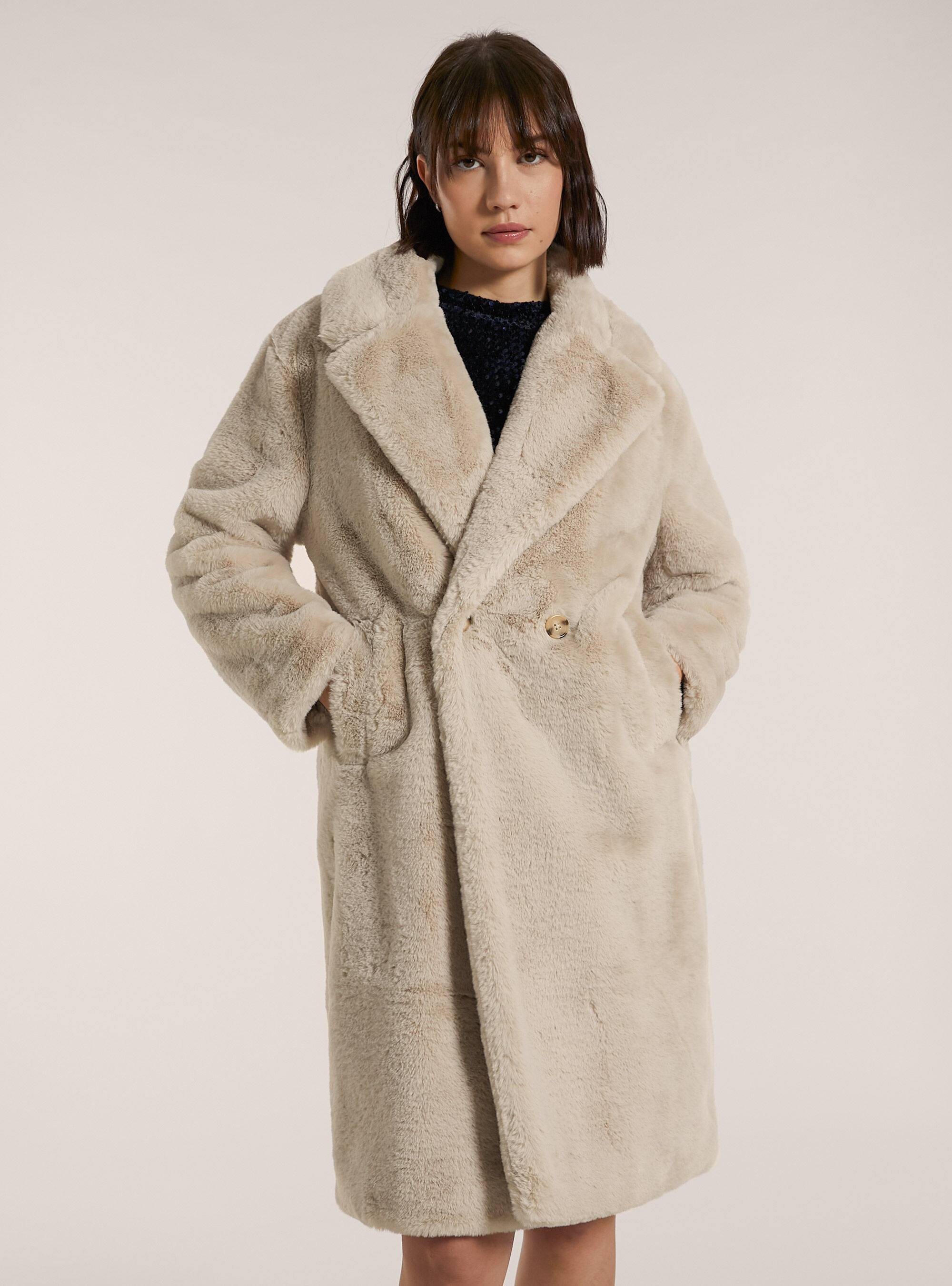 Zweireihiger Pelzmantel, BG3 BEIGE LIGHT