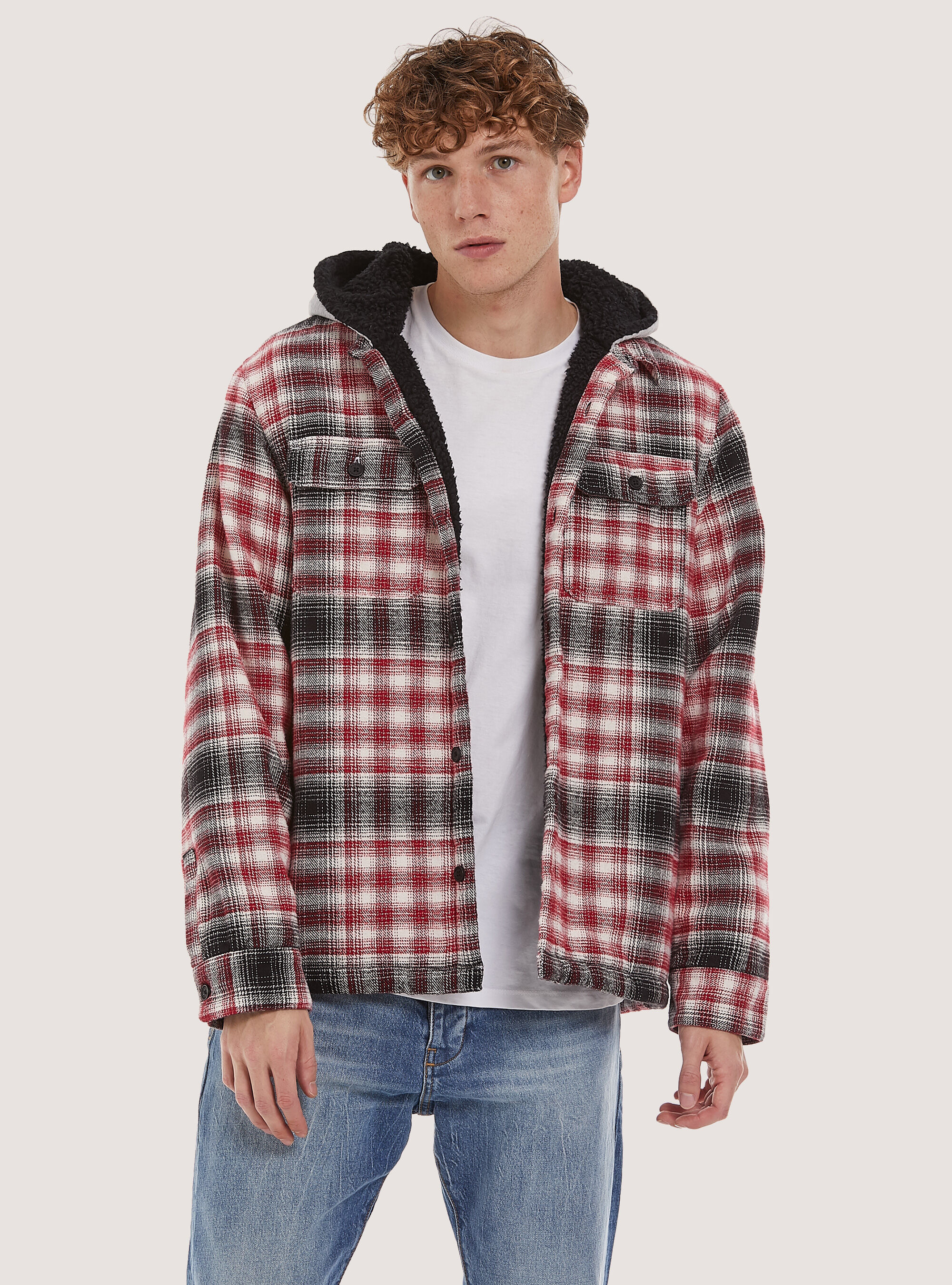Giacca camicia imbottita a quadri con interno e cappuccio agnellato