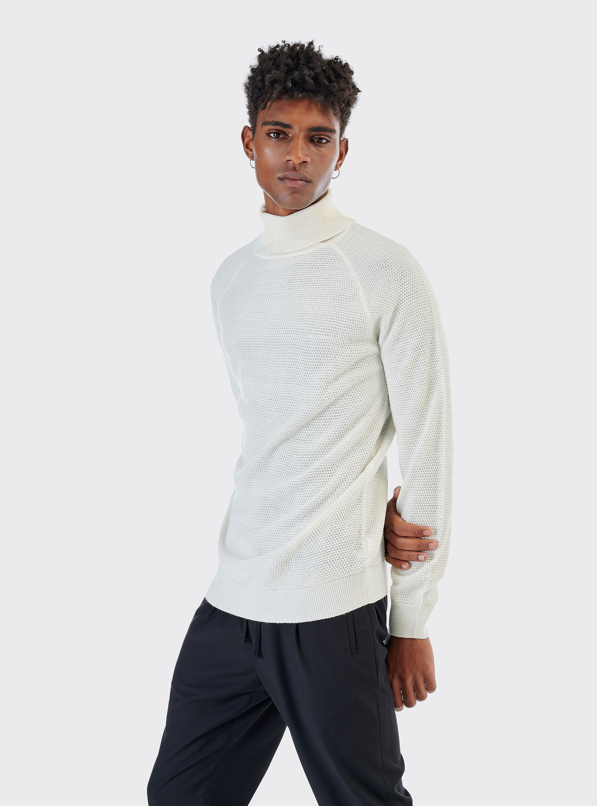 Pull col montant avec point de riz en laine m&eacute;lang&eacute;e, C085 WHITE