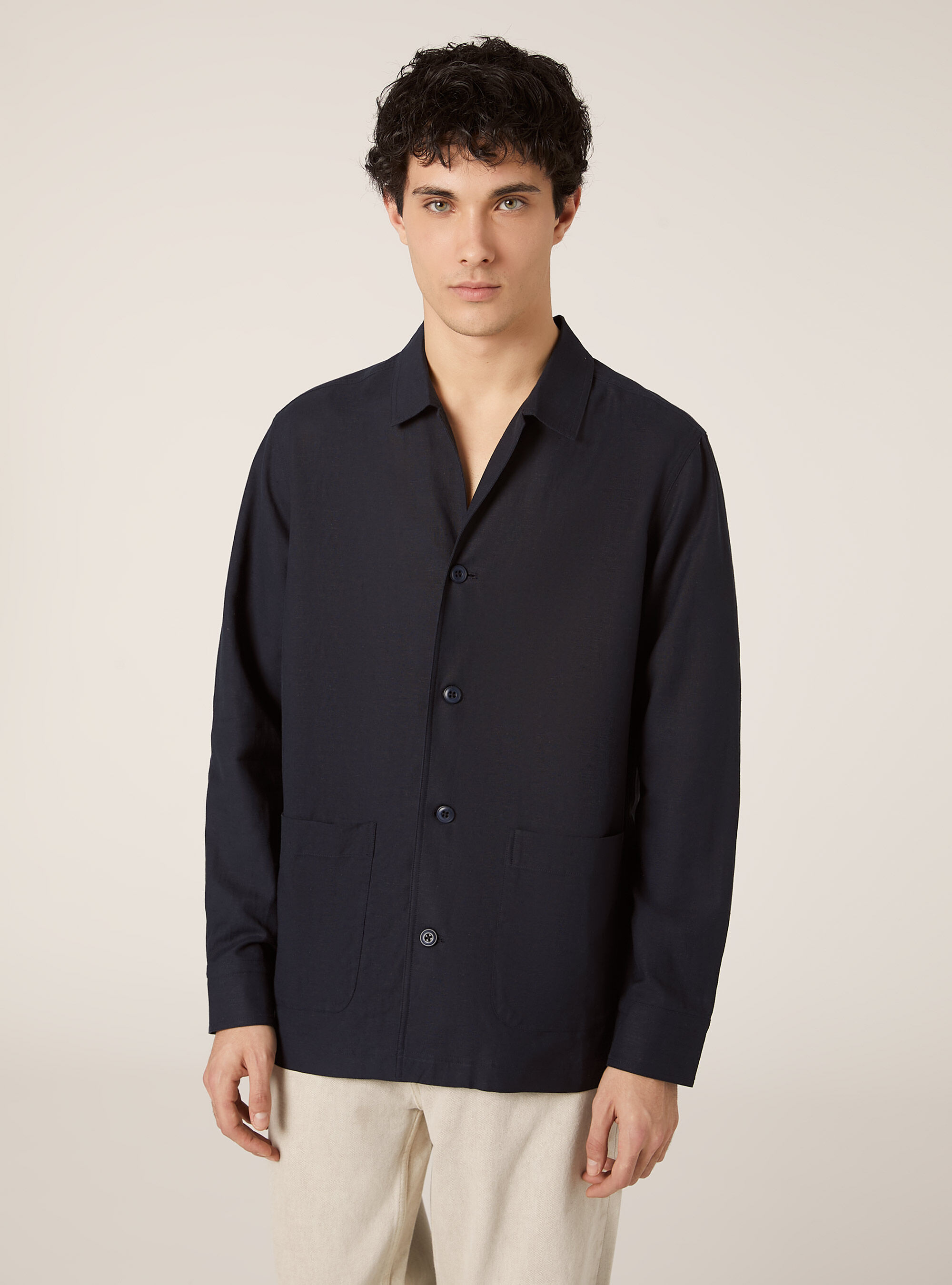 Giacca camicia in misto lino, NA2 NAVY MEDIUM