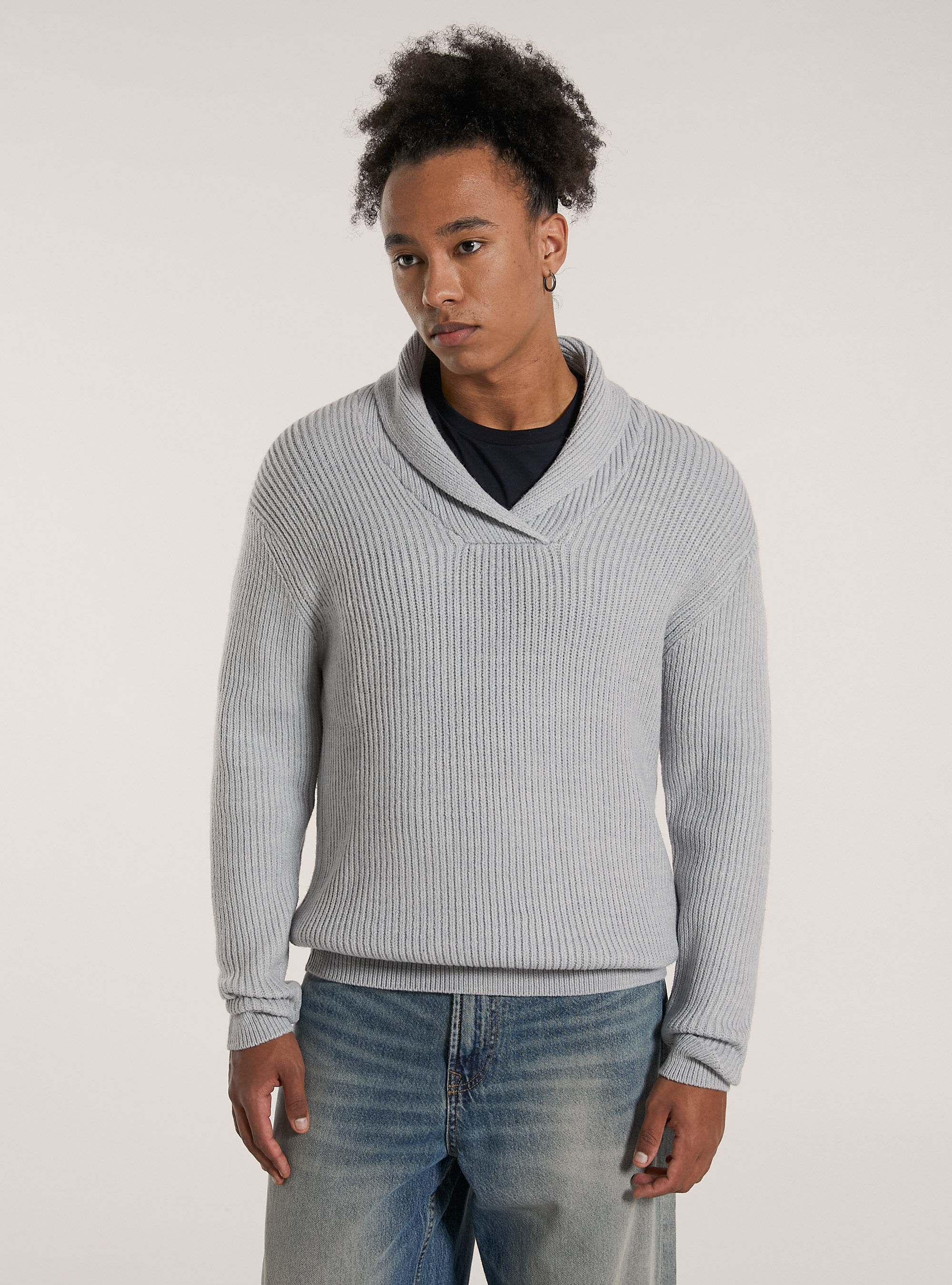 Soft ribbed pullover with raised collar, MGY3 GREY MEL LIGHT