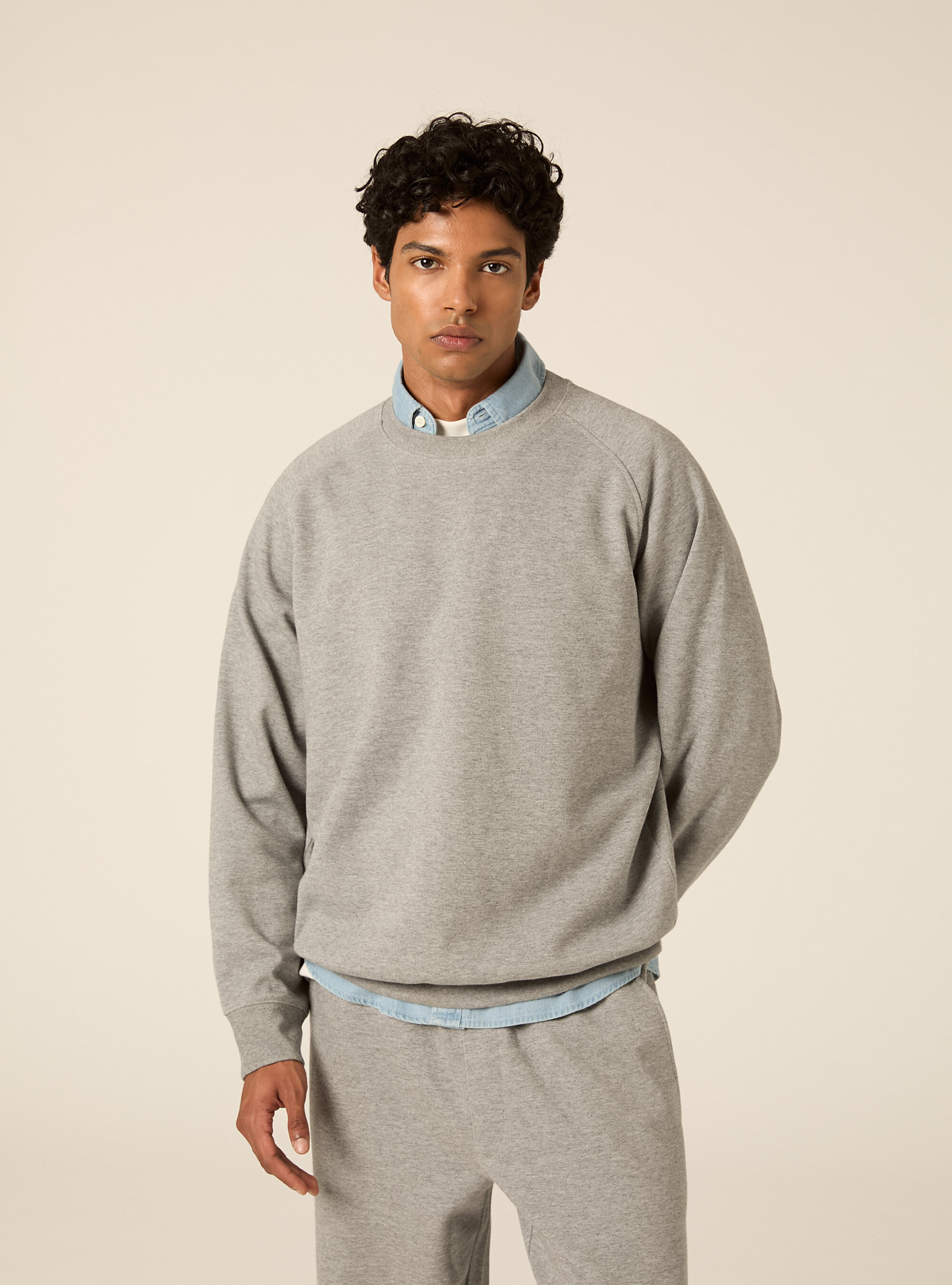 Sweat col rond avec manches raglan en tissu interlock, MGY2 GREY MEL MEDIUM
