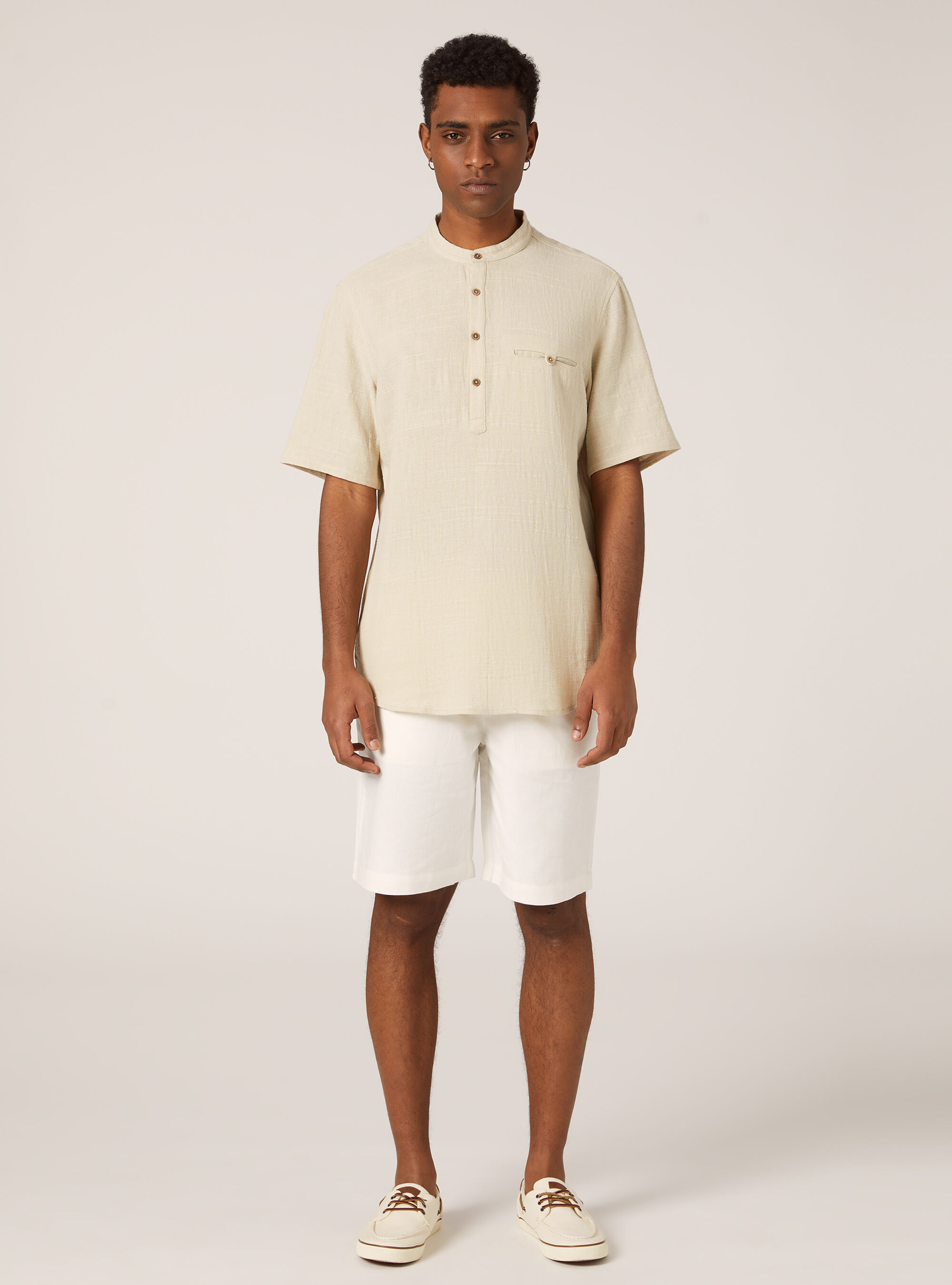 Linen blend shirt with Korean collar, BG3 BEIGE LIGHT