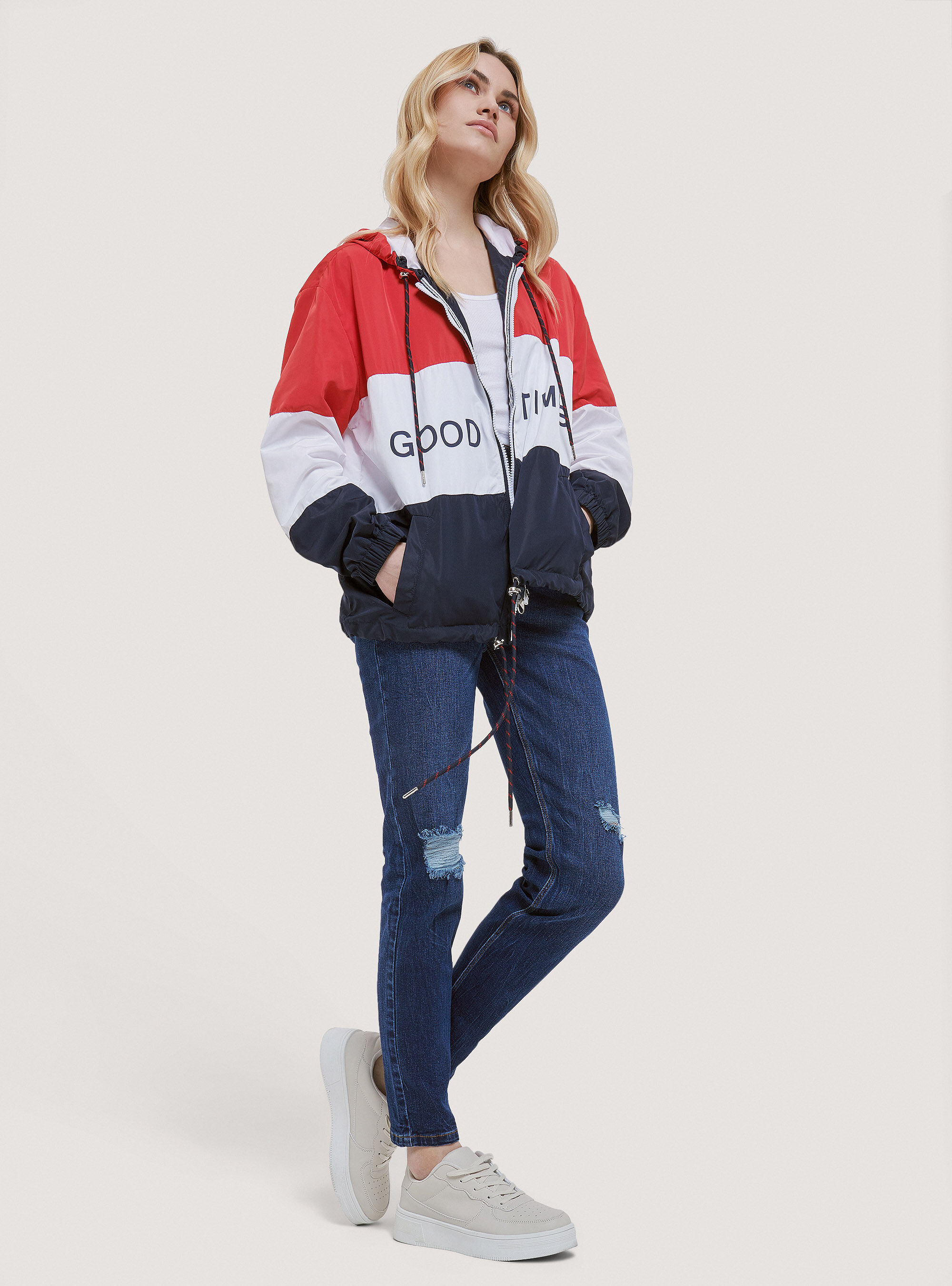 Windproof colour block jacket with lettering print, C3344 RED