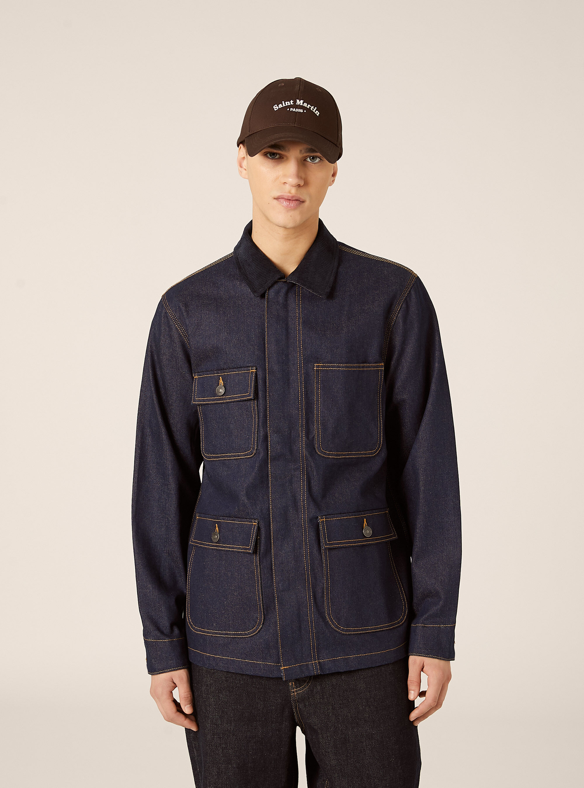 Giubbino in denim con collo in velluto e tasconi