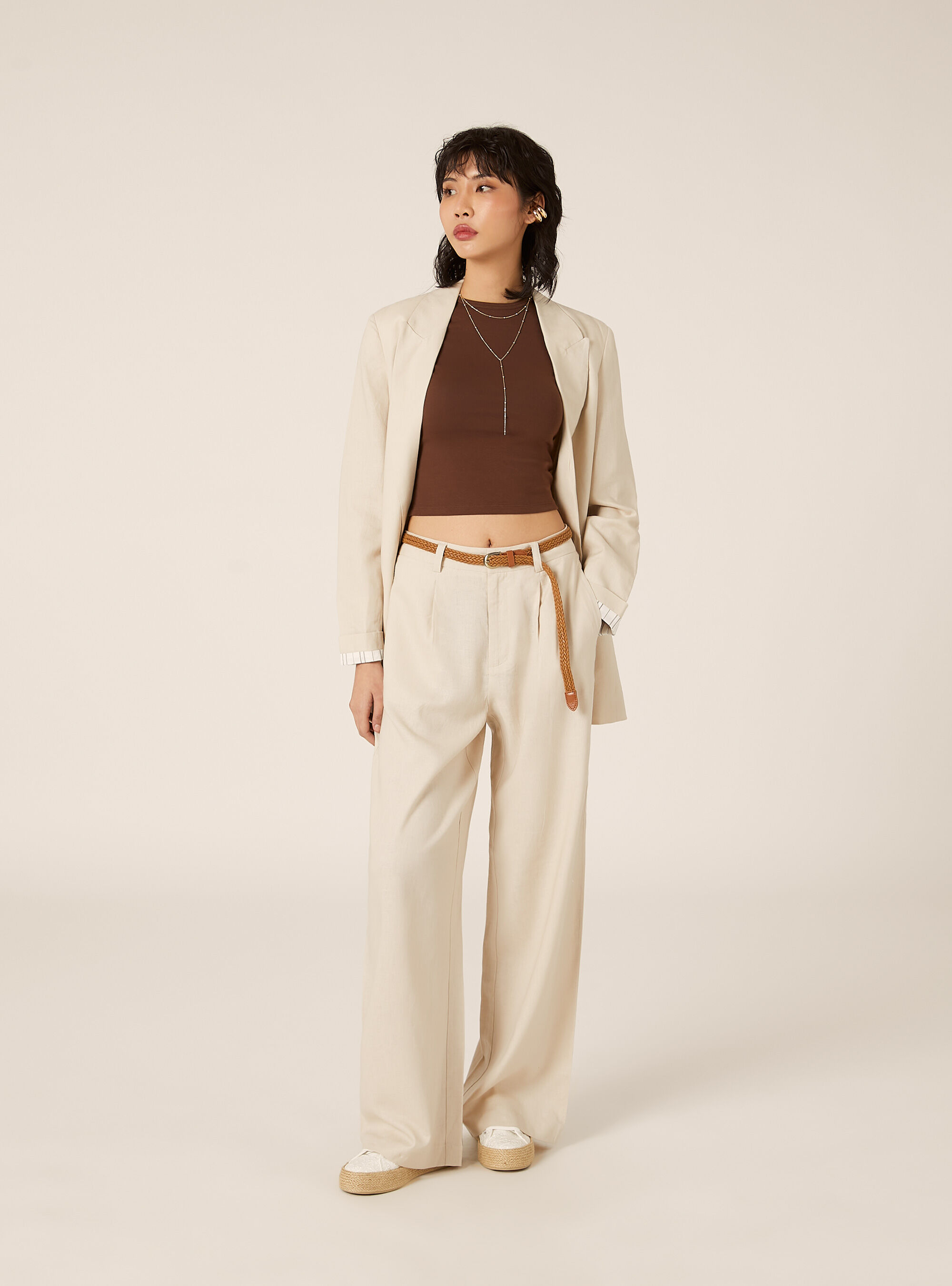 Pantaloni in misto lino con cintura