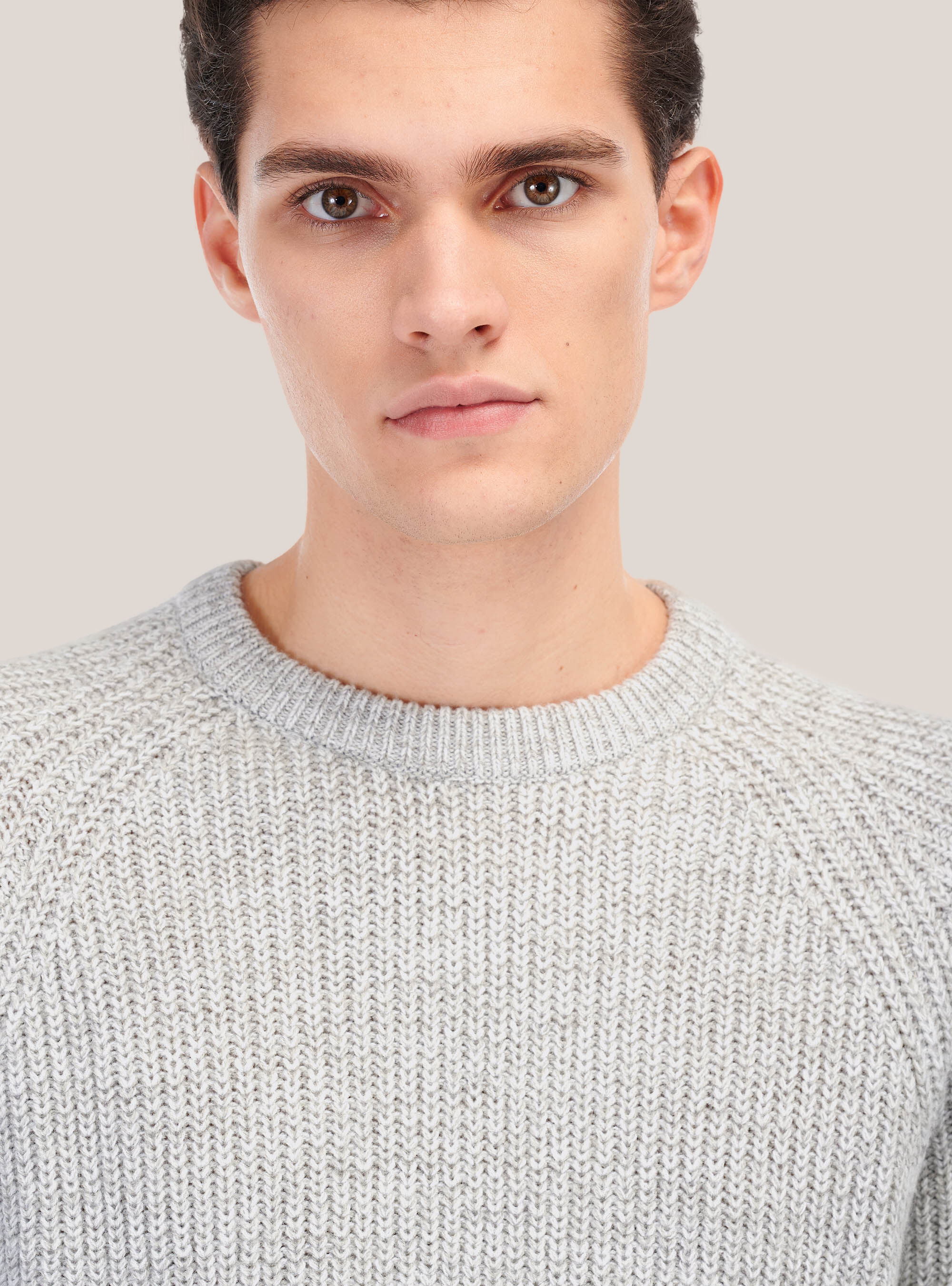 English rib round neck pullover in wool blend, PEARL/CREAM