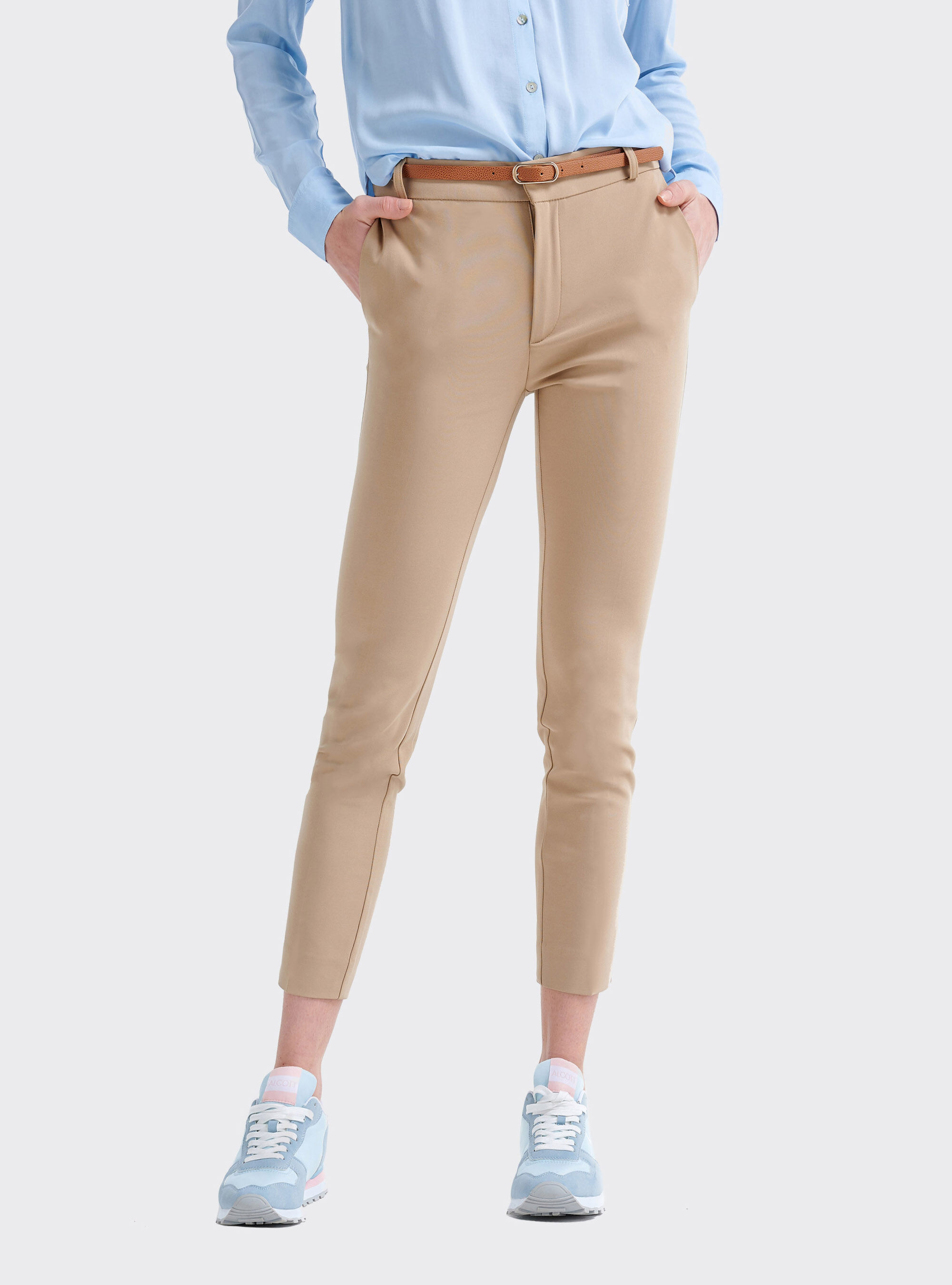 Chino stretch coupe confortable avec sangle effet cuir, C5511 TOBACCO