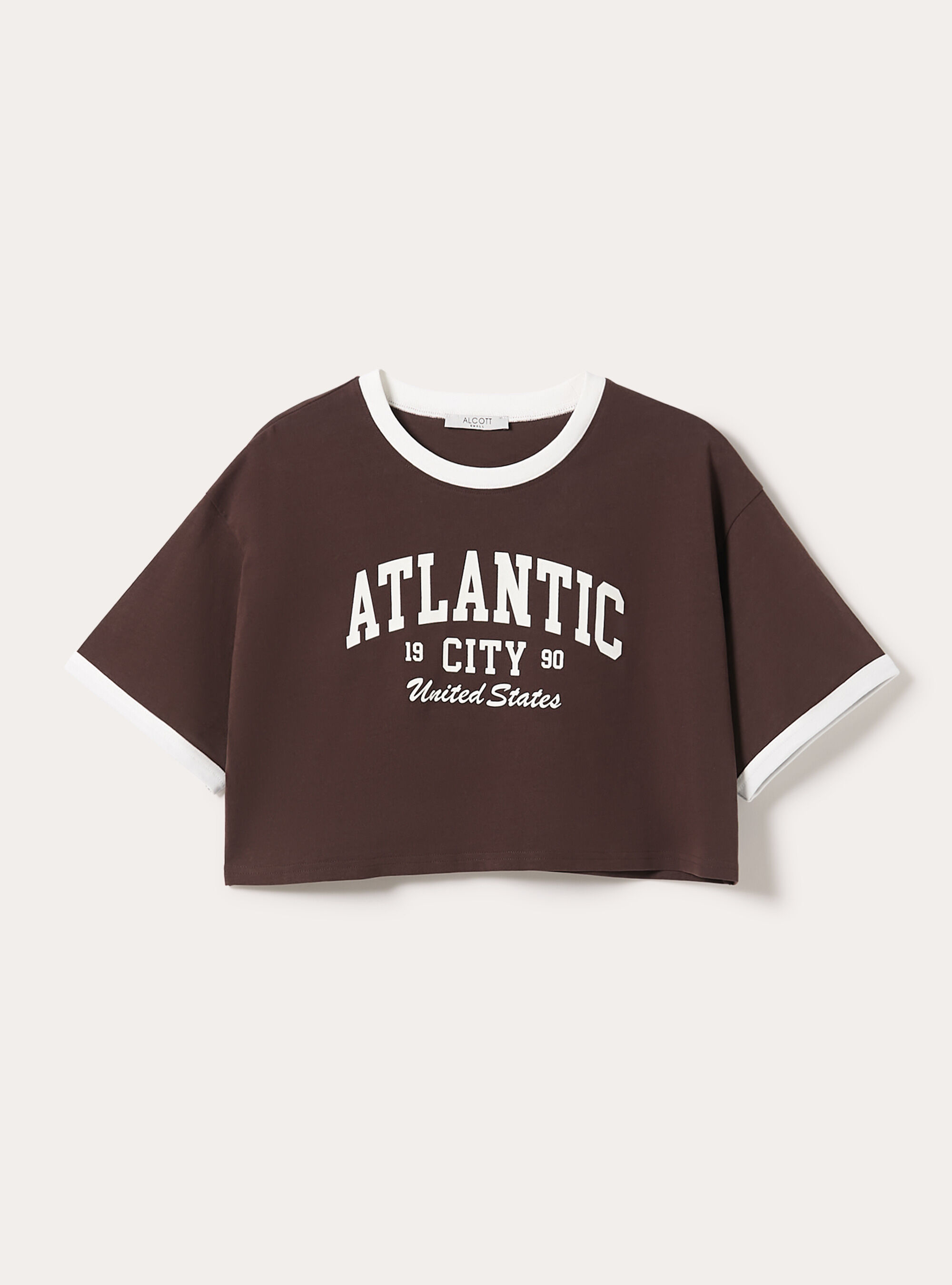 T-shirt crop stampa college, BR1 BROWN DARK